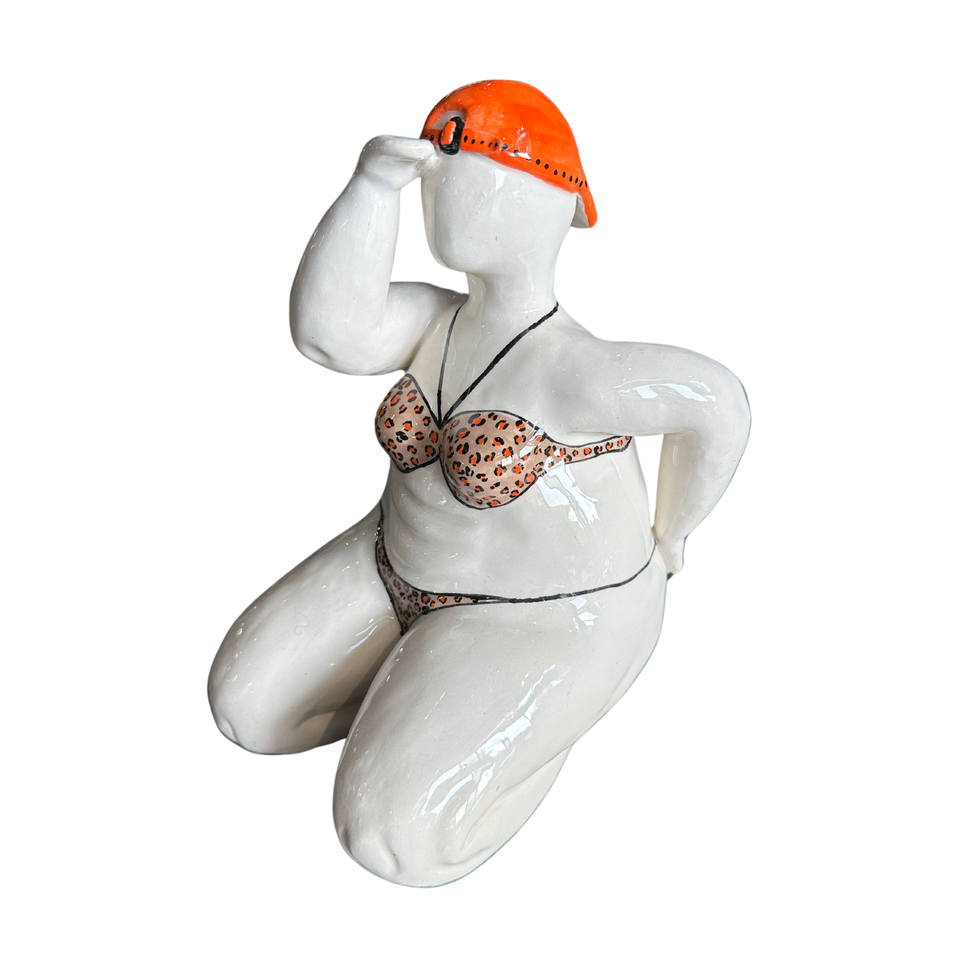 Large Fat Lady Looking Out With Beige & Orange Polkadot Bikini & Orange Backwards Cap