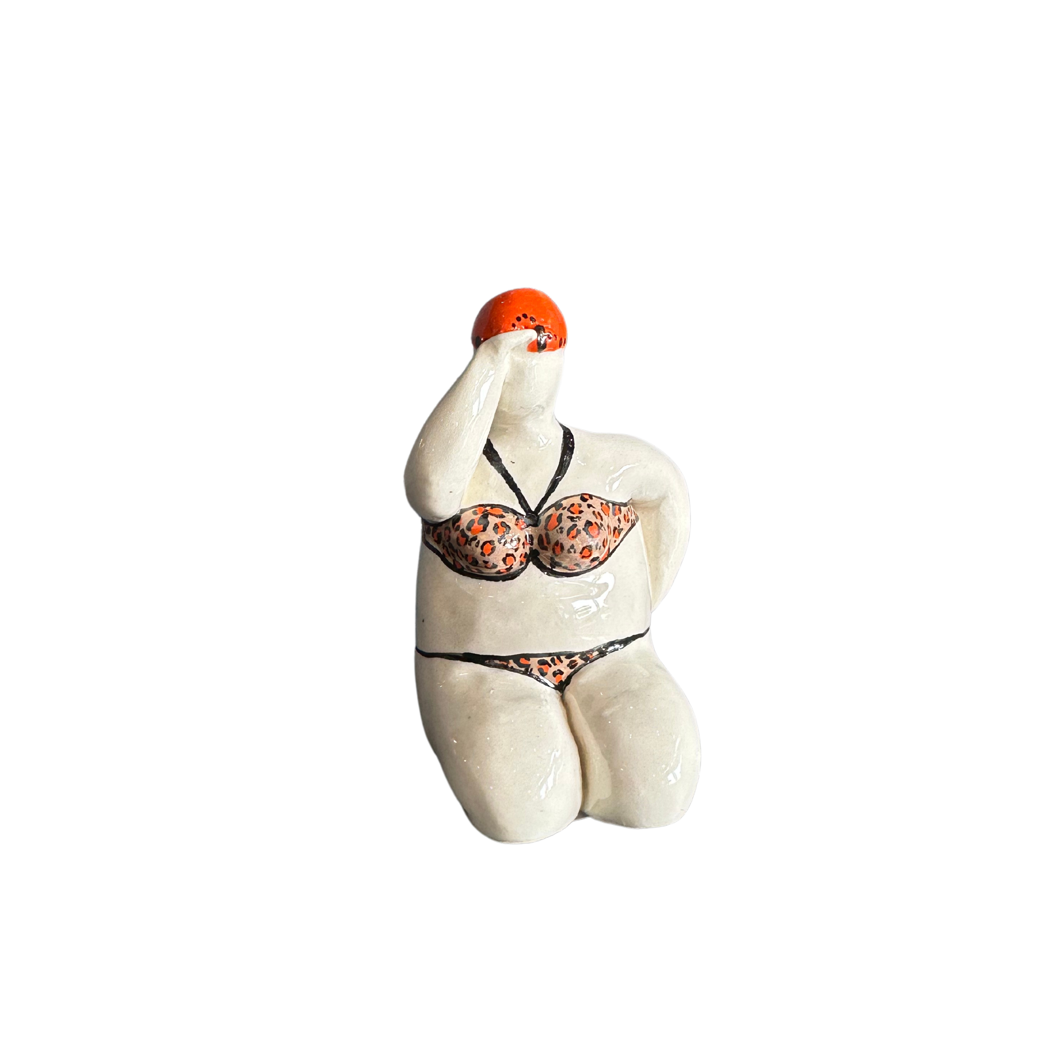 Mini Fat Lady Looking Out With Beige & Orange Polkadot Bikini & Orange Backwards Cap