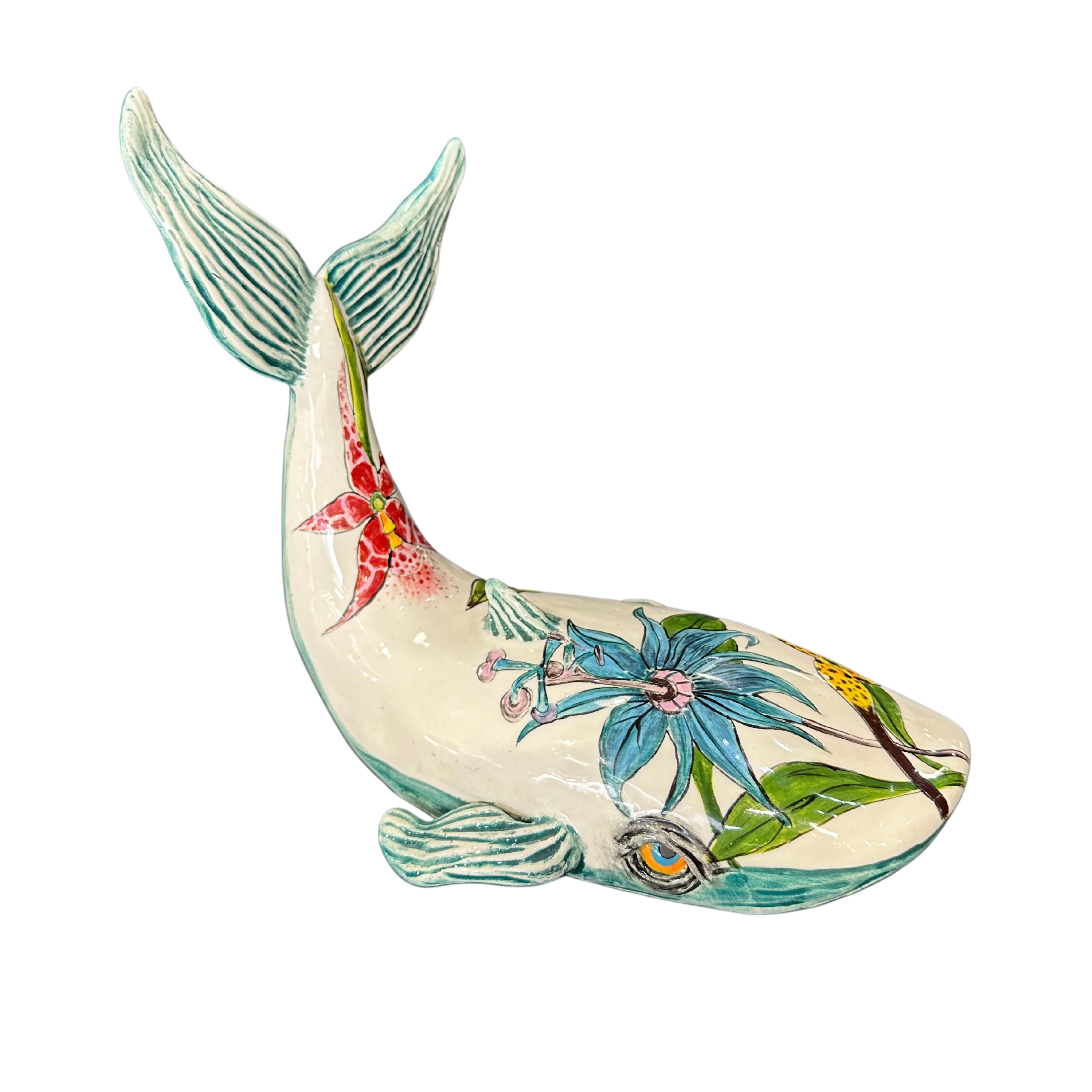 2 White & Blue Whales On Plinth With Orchid (Big+Small)