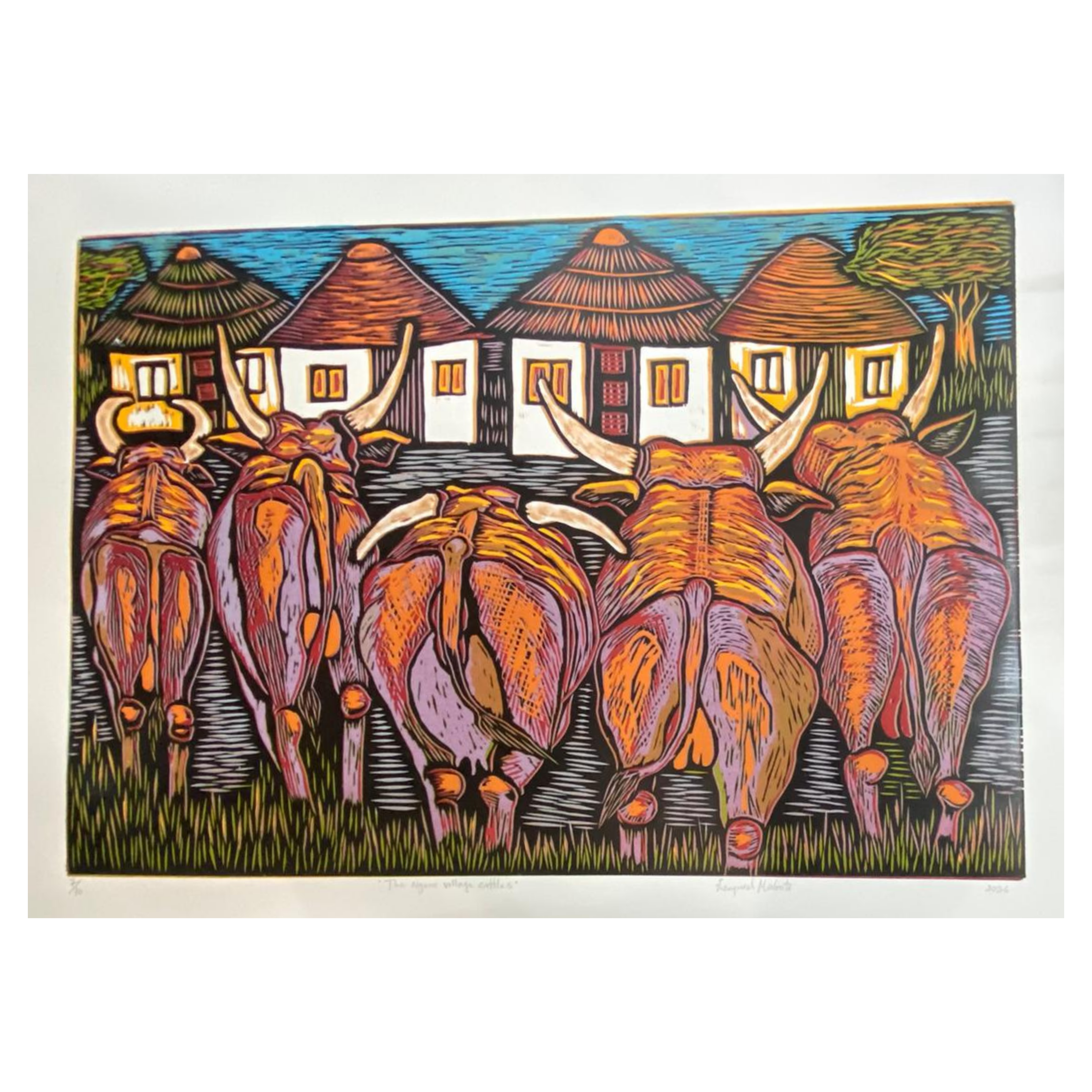 Mabote Art Woodprint Painting - The Nguni Village Cattles