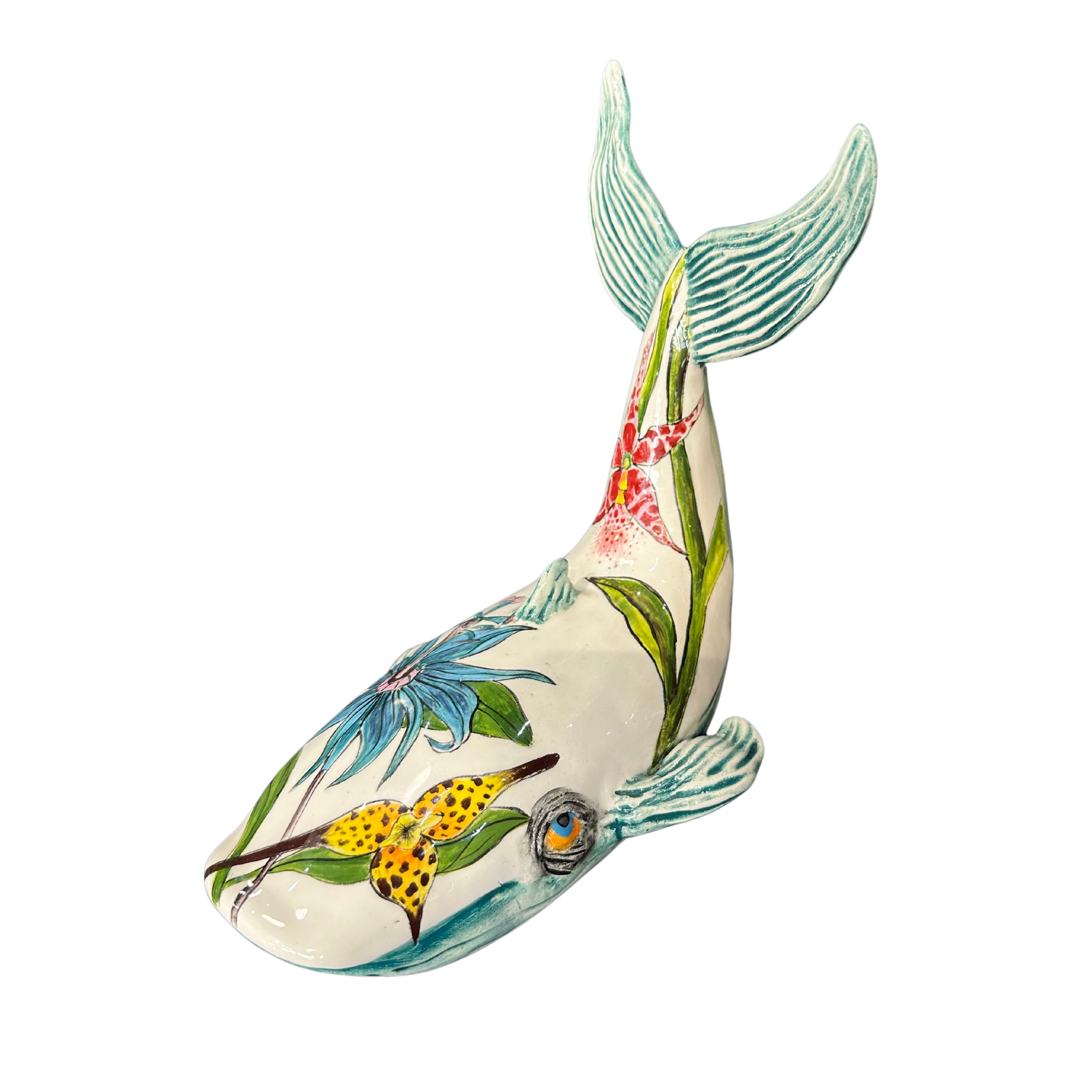 2 White & Blue Whales On Plinth With Orchid (Big+Small)