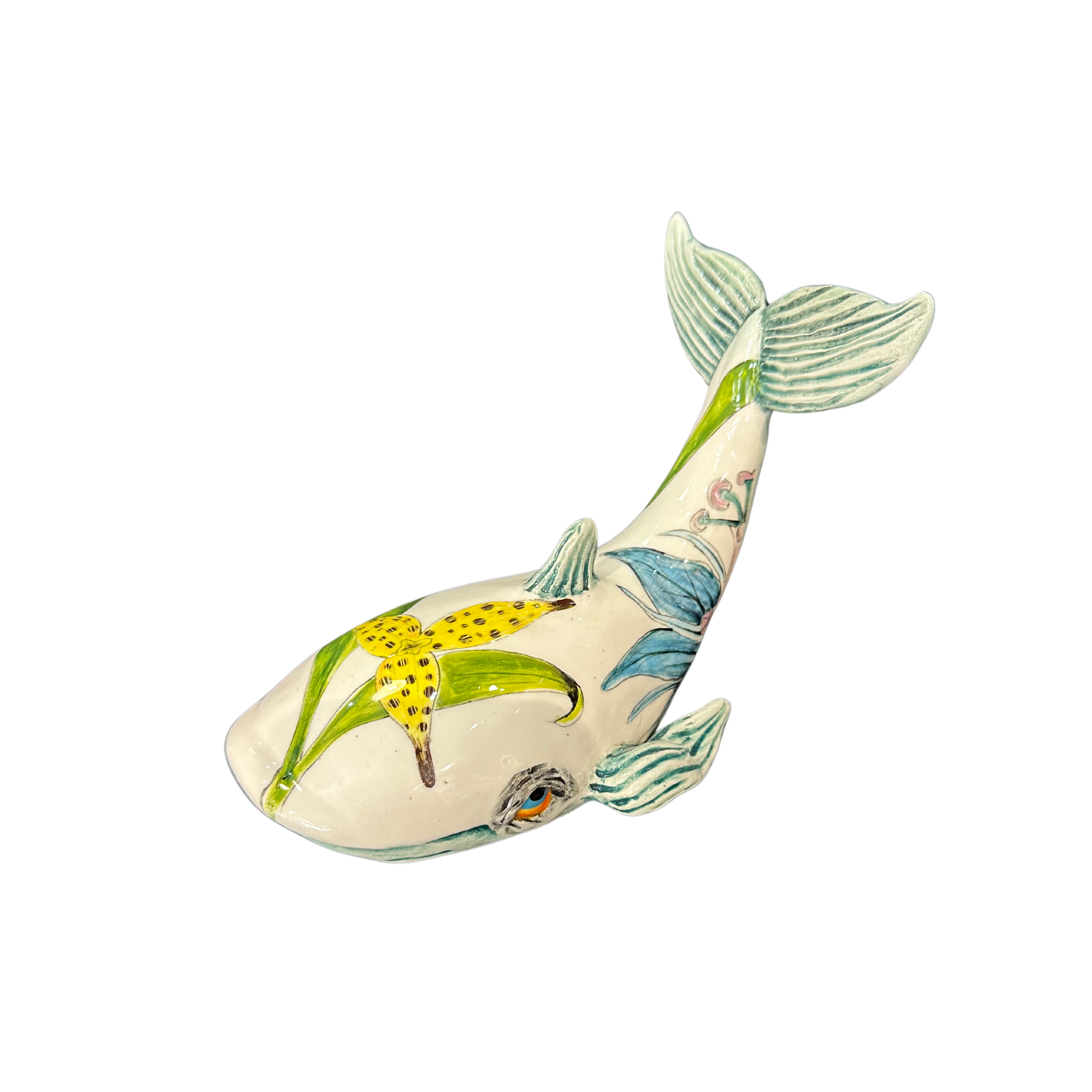 2 White & Blue Whales On Plinth With Orchid (Big+Small)