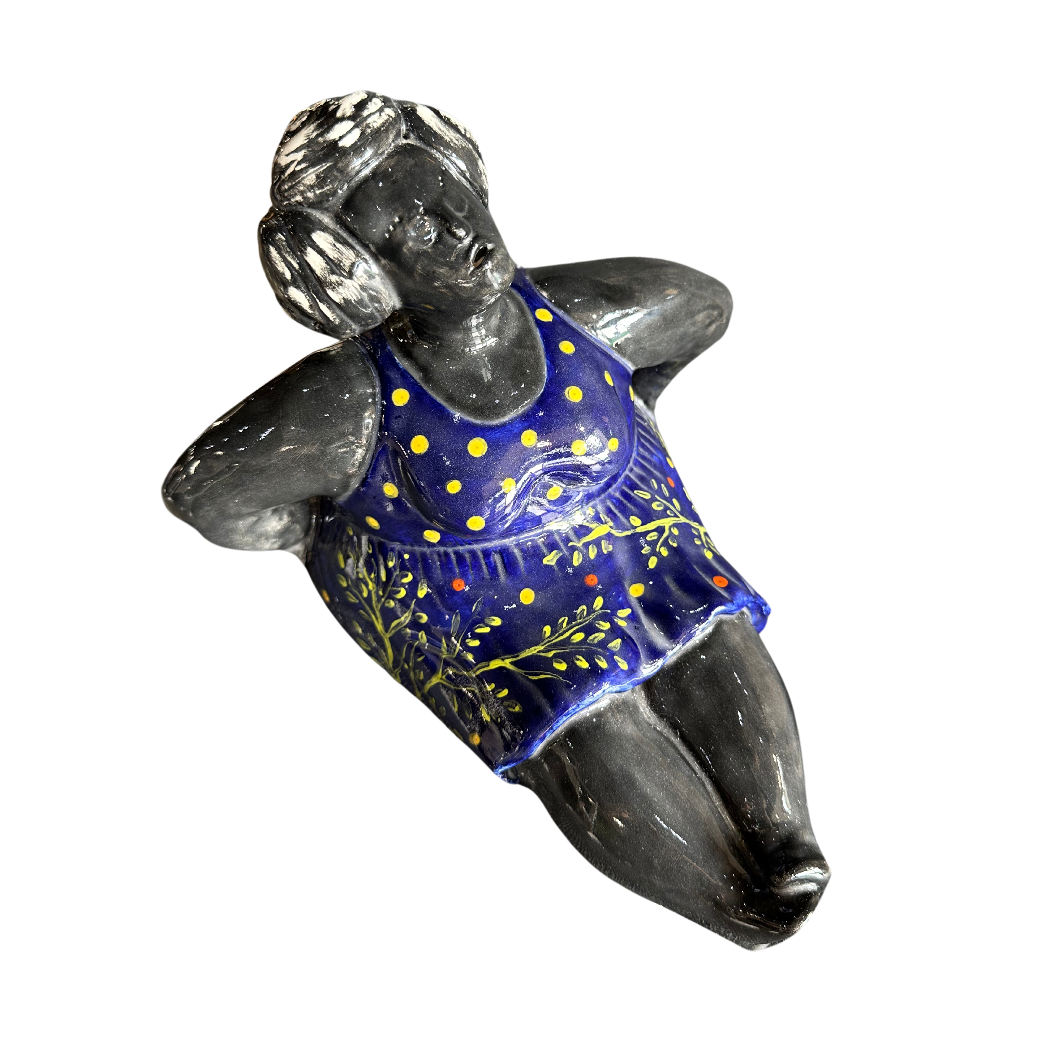 Large Seated Fat Lady With Dark Blue Floral Dress