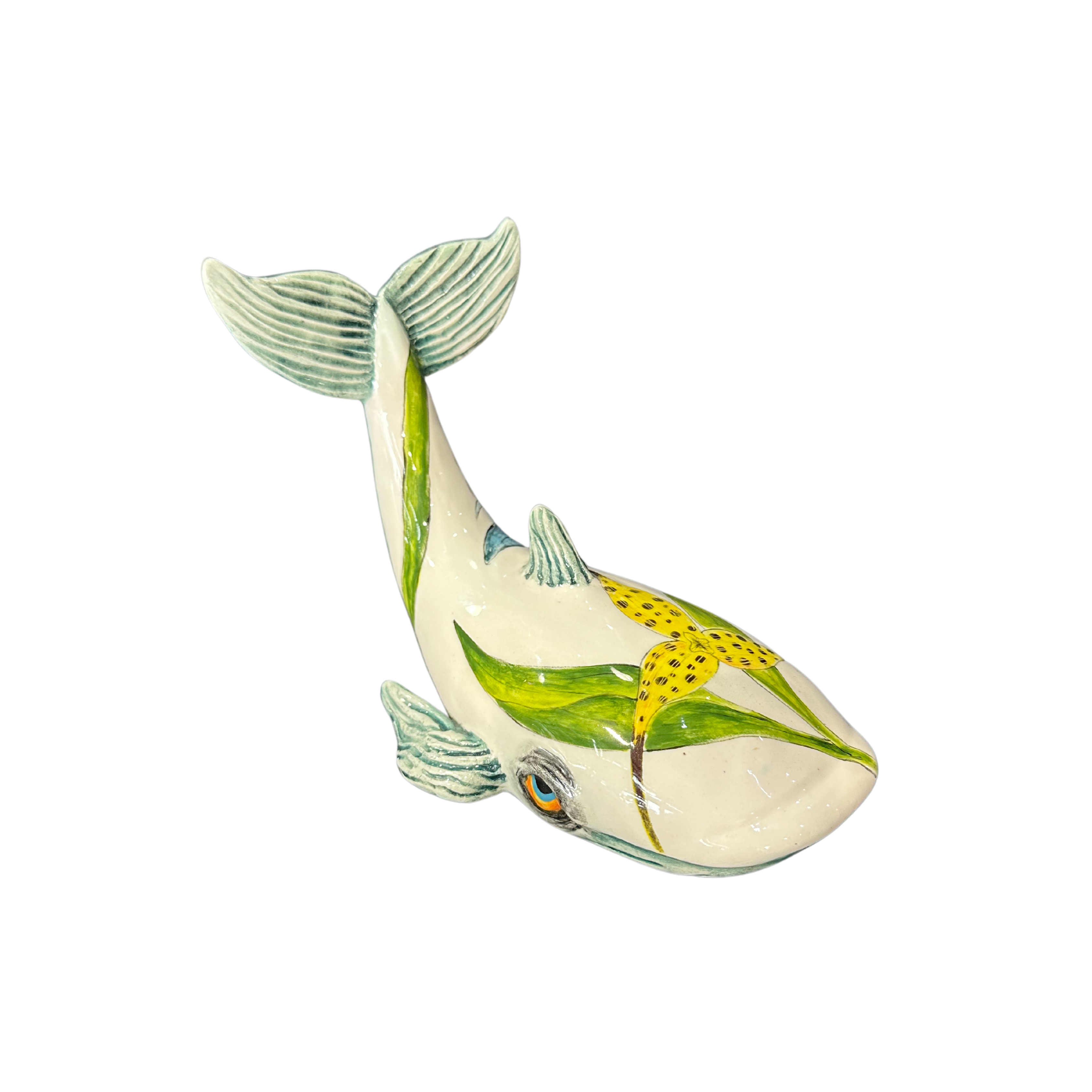 2 White & Blue Whales On Plinth With Orchid (Big+Small)