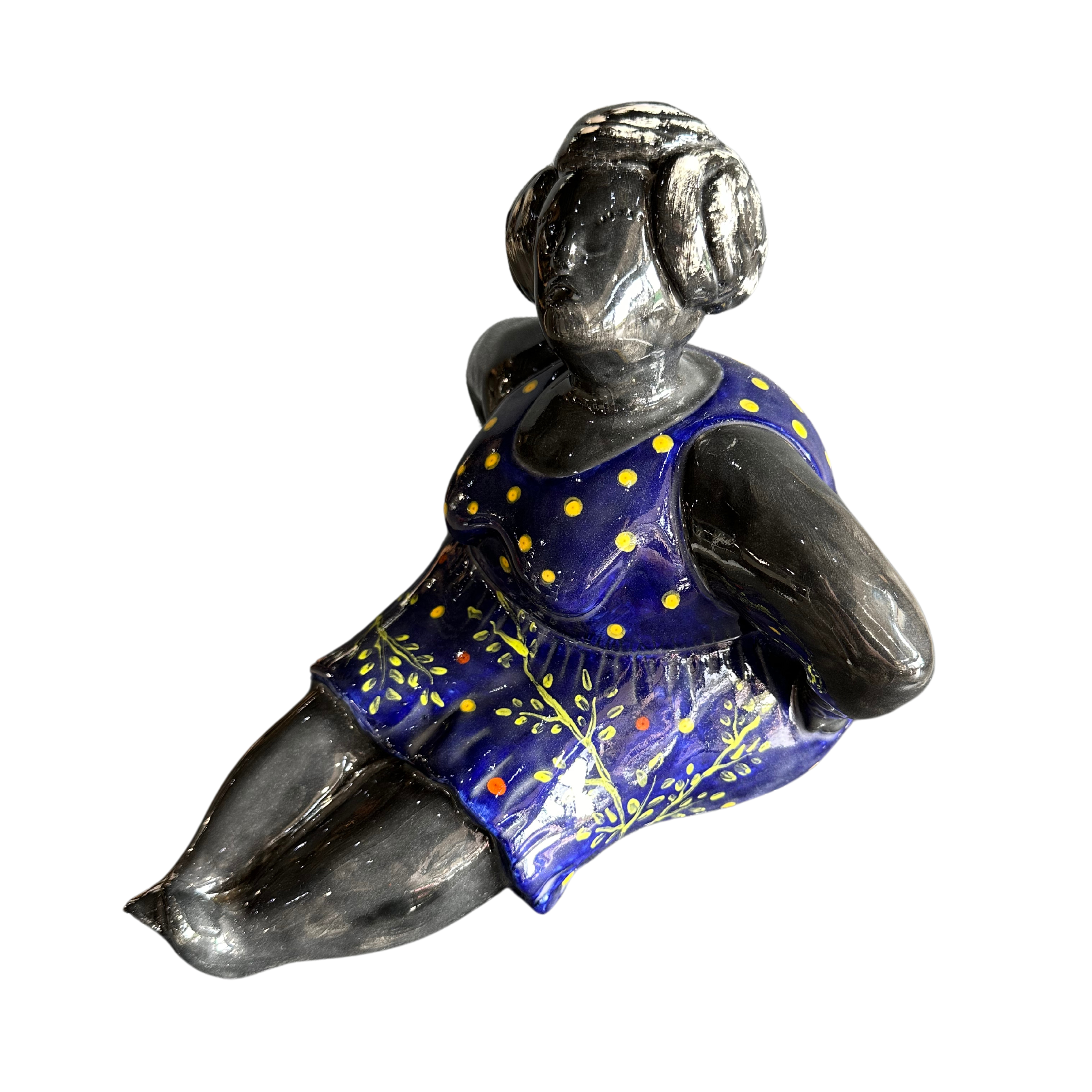 Large Seated Fat Lady With Dark Blue Floral Dress