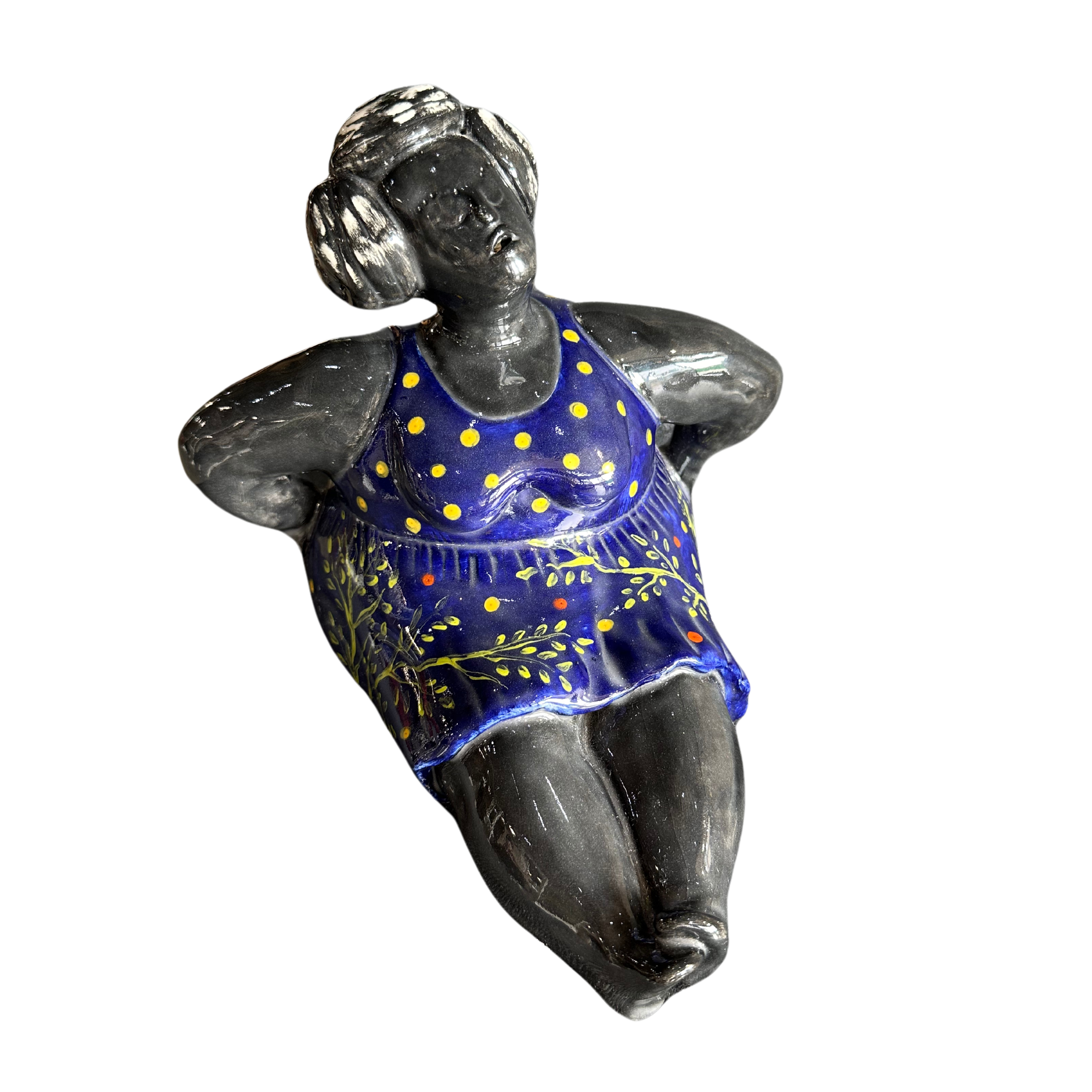 Large Seated Fat Lady With Dark Blue Floral Dress