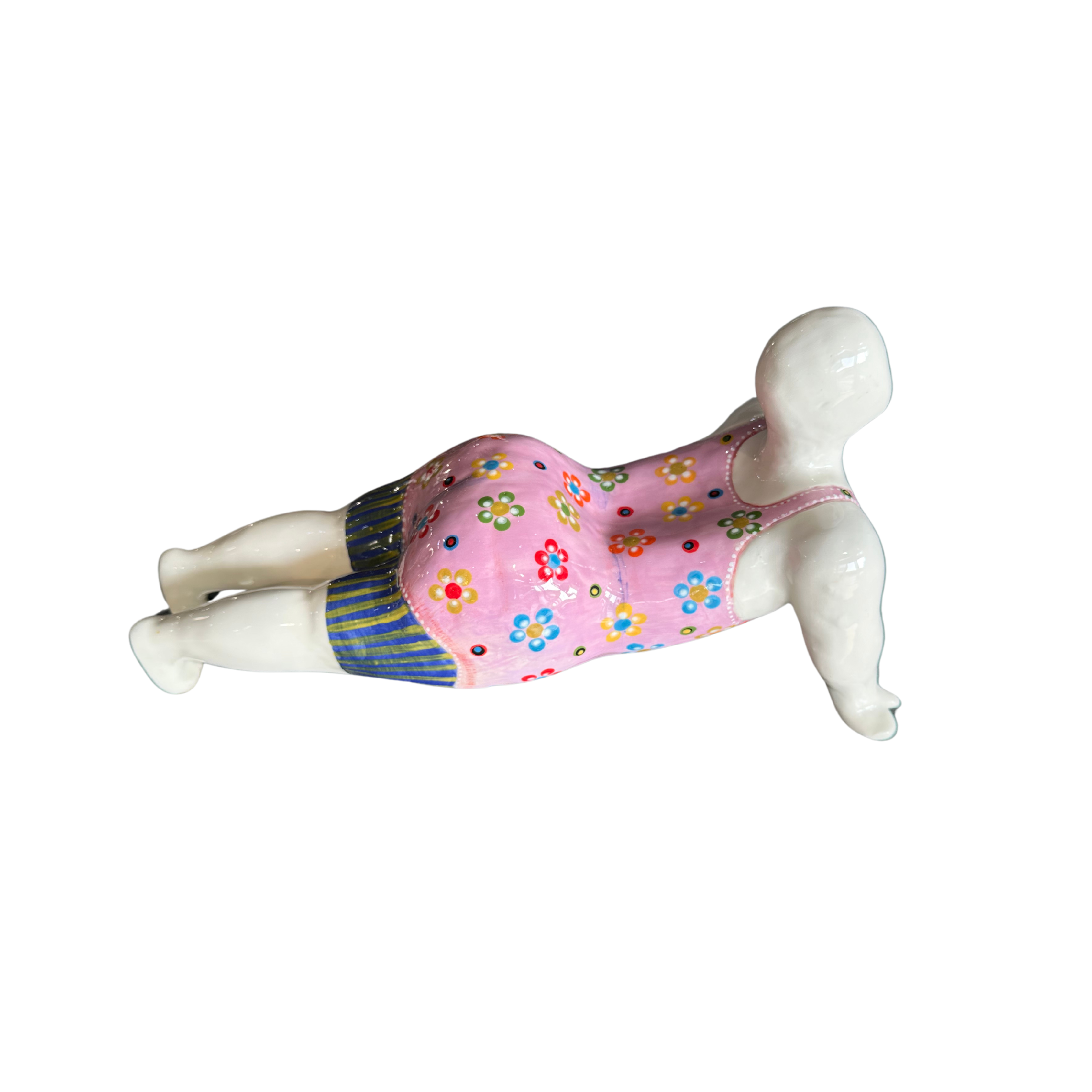 Large Beachy Ceramic Fat Lady Upward Dog Pose (Pink Floral Full Costume)