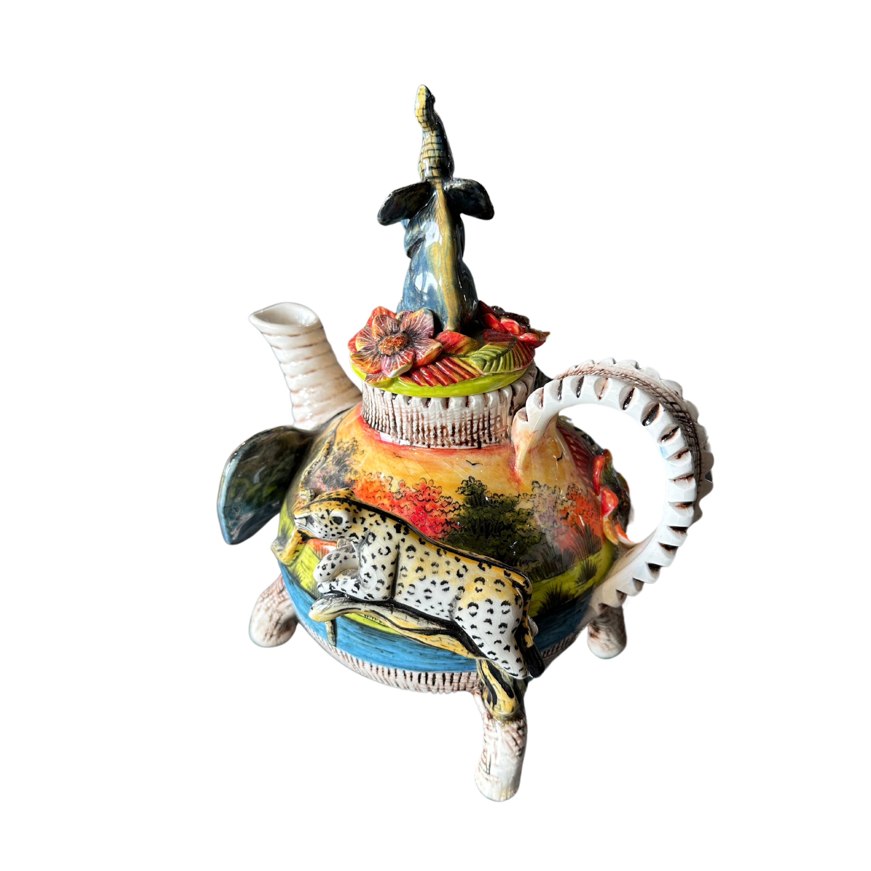 Hand Painted Ceramic Teapot With 3D Elephant, Leopard & Zebra