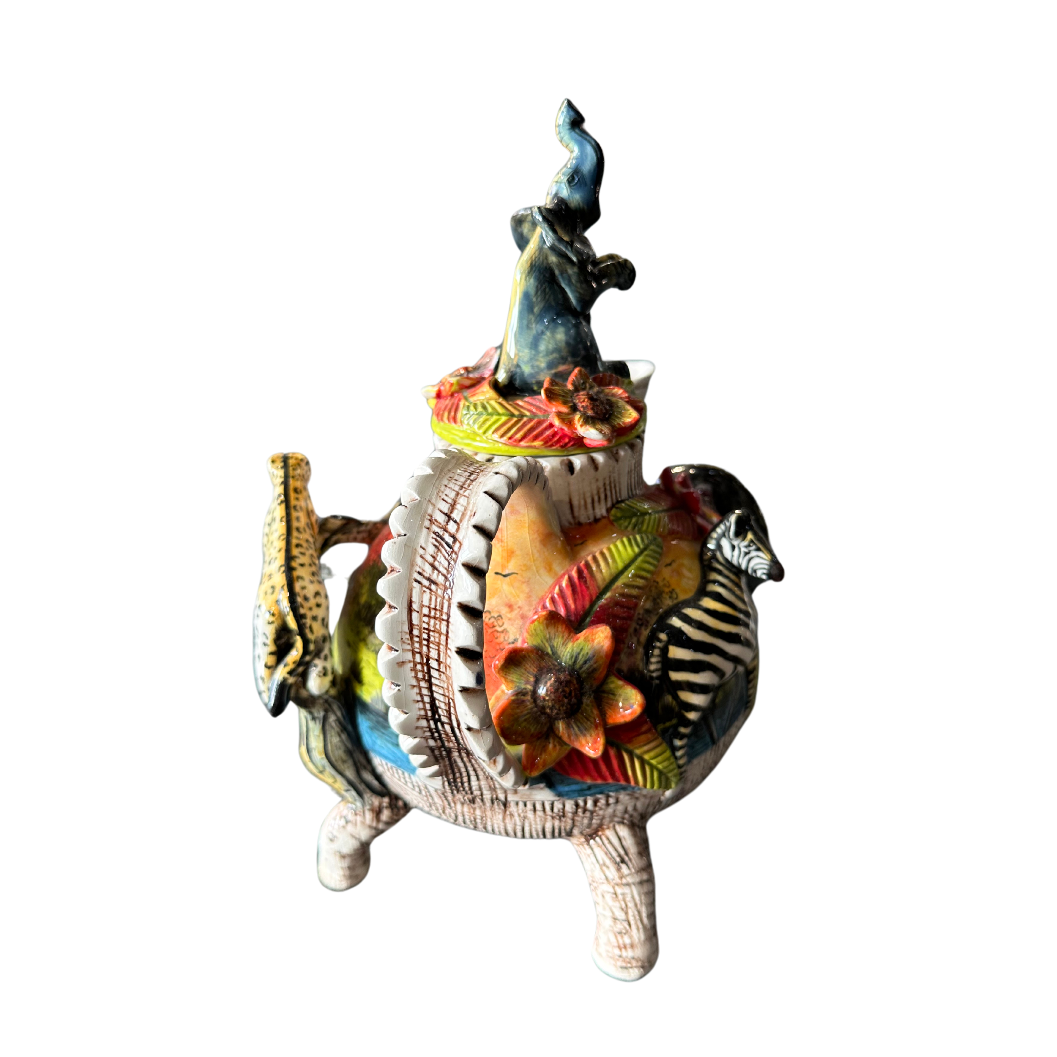 Hand Painted Ceramic Teapot With 3D Elephant, Leopard & Zebra