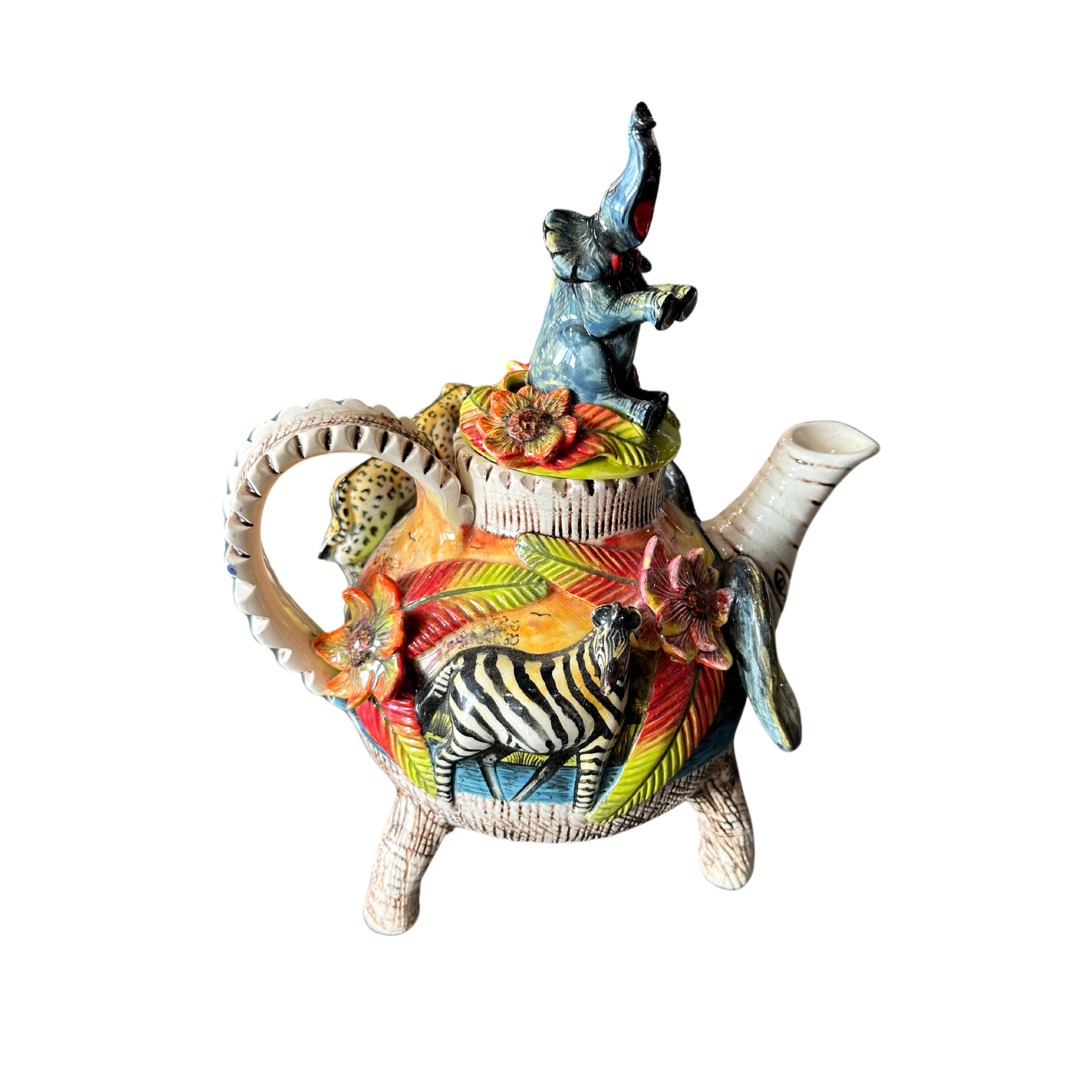 Hand Painted Ceramic Teapot With 3D Elephant, Leopard & Zebra