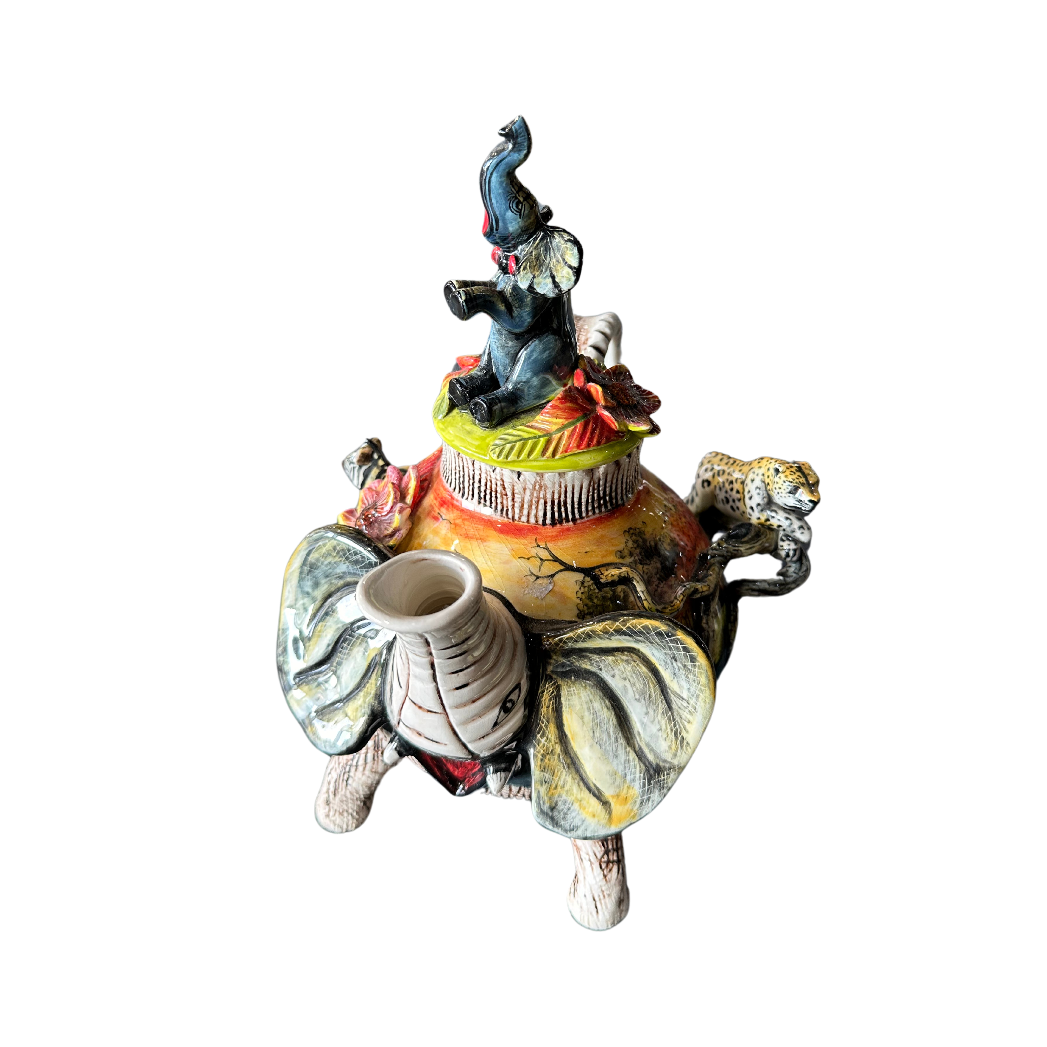 Hand Painted Ceramic Teapot With 3D Elephant, Leopard & Zebra