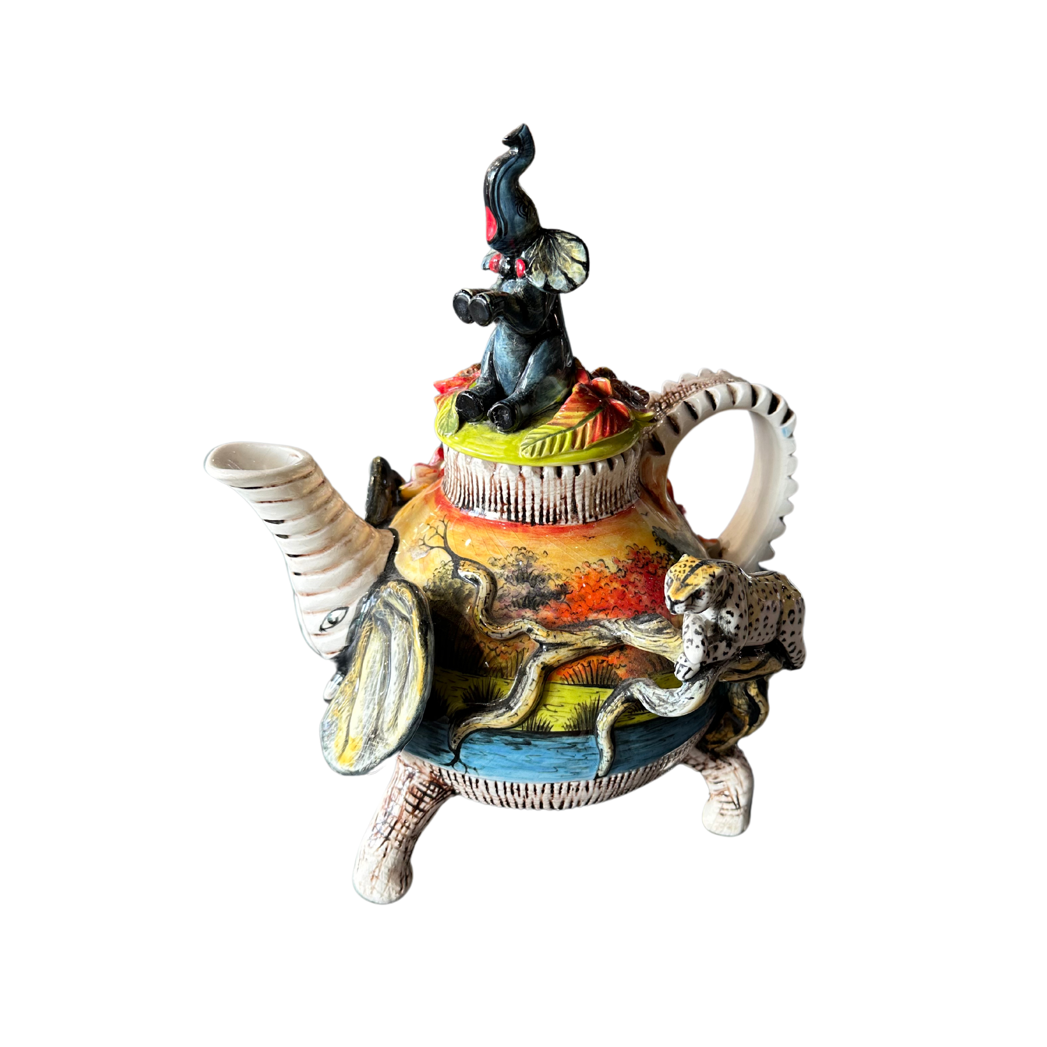 Hand Painted Ceramic Teapot With 3D Elephant, Leopard & Zebra