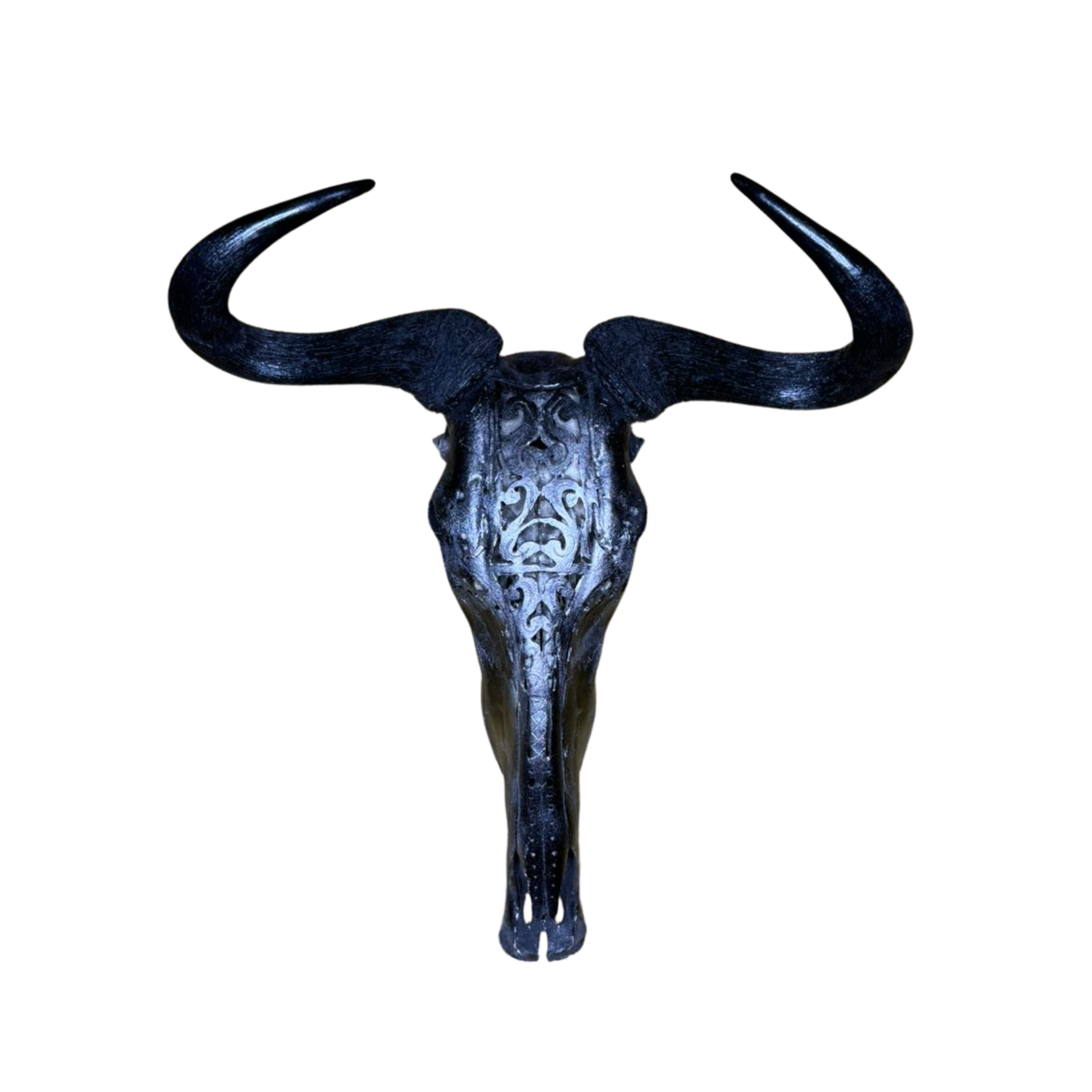Metallic Carved Blue Wildebeest Skull