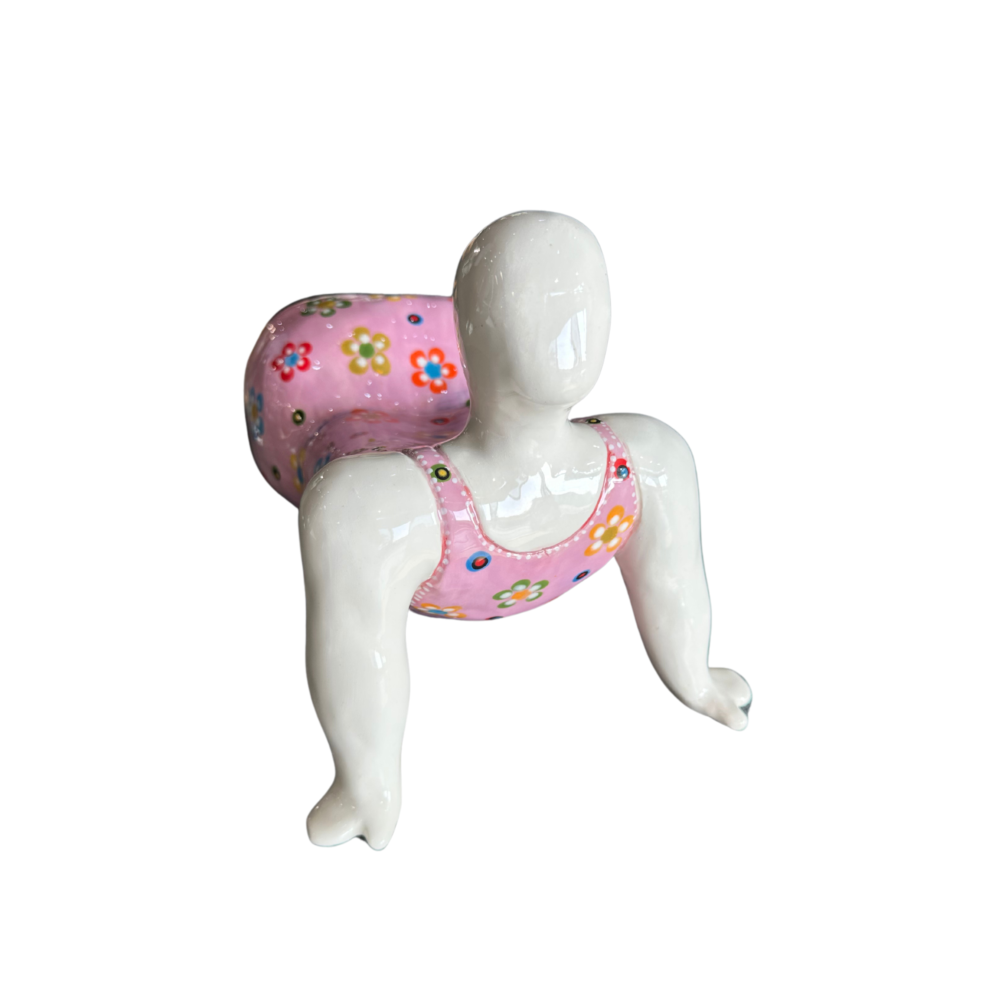 Large Beachy Ceramic Fat Lady Upward Dog Pose (Pink Floral Full Costume)