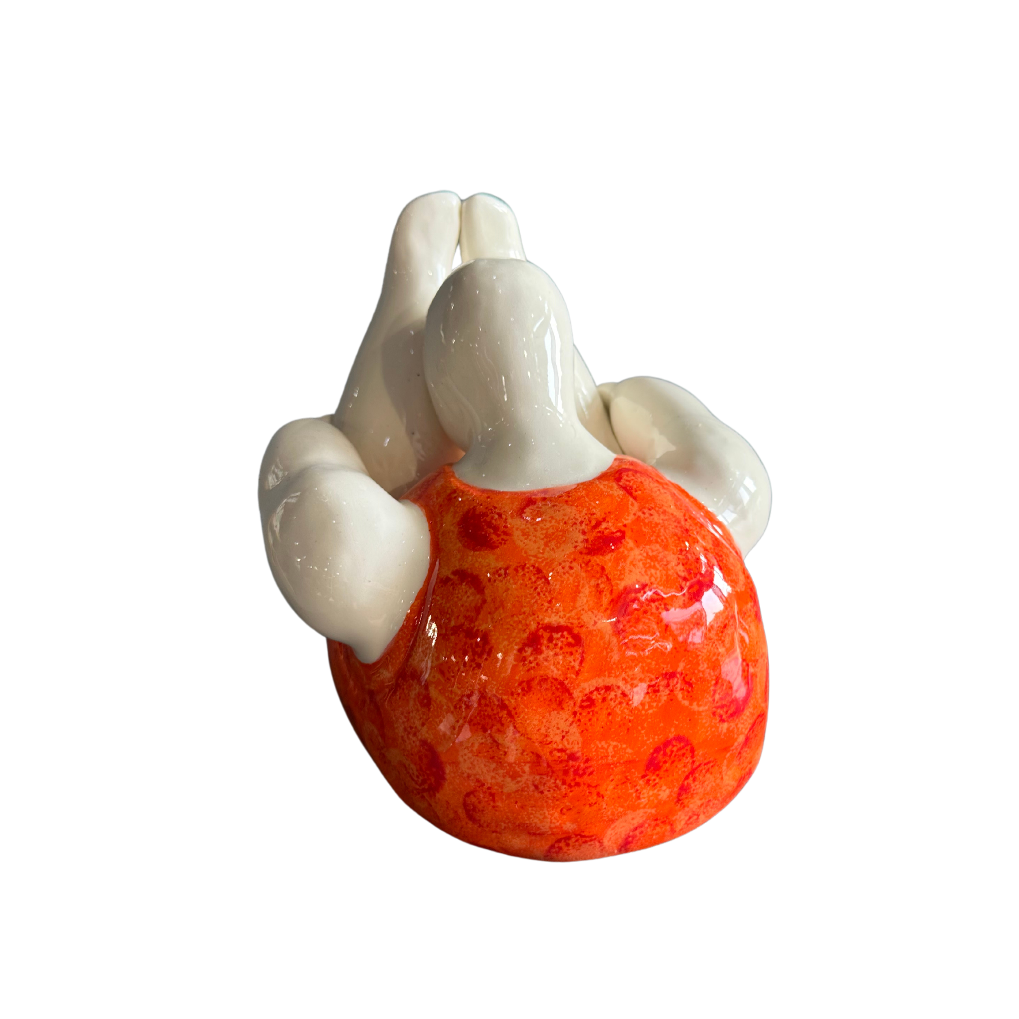 Large Fat Lady Yoga Pose (Grabbing Legs) In Full Orange Costume