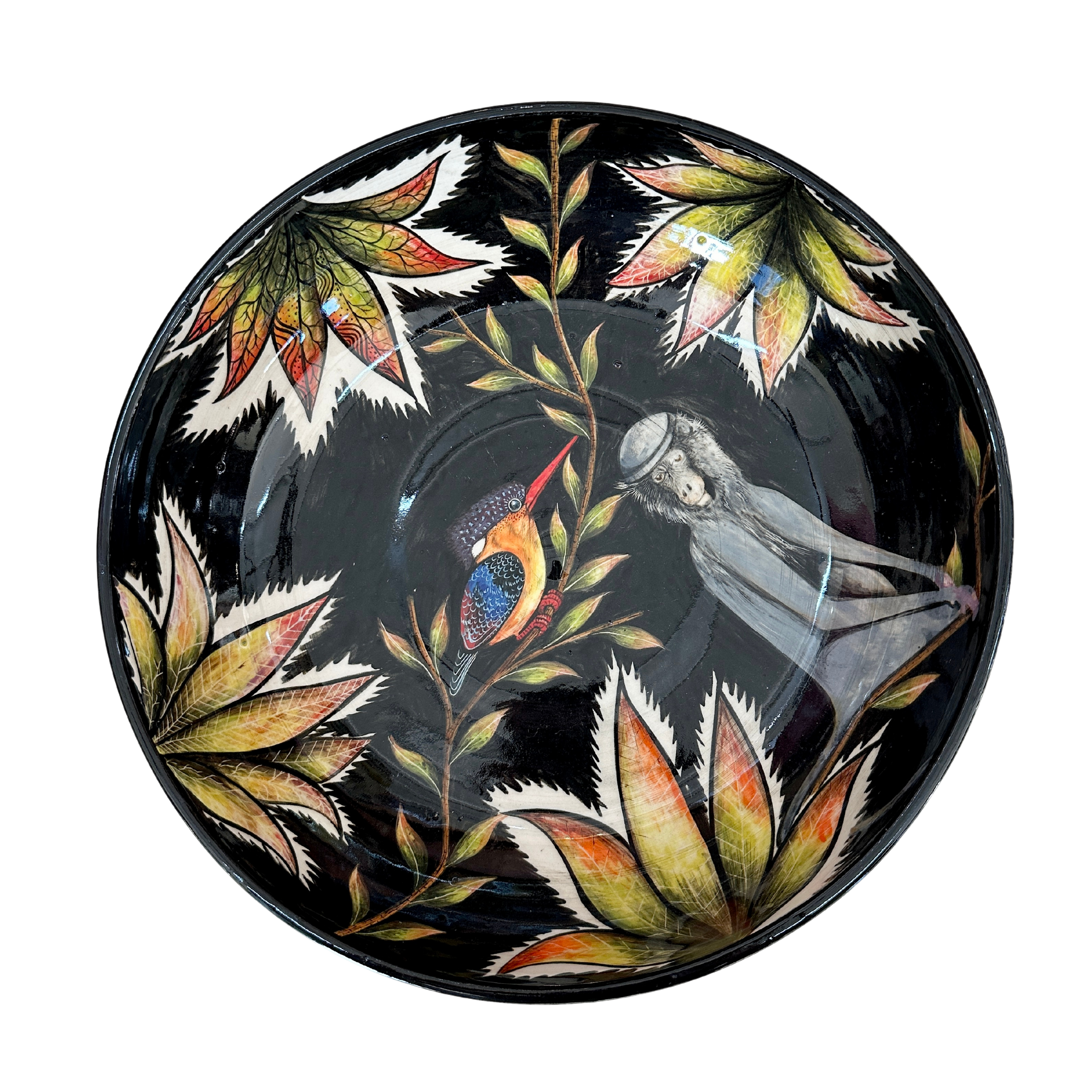 Large Hand Painted Monkey & Bird Ceramic Salad Bowl