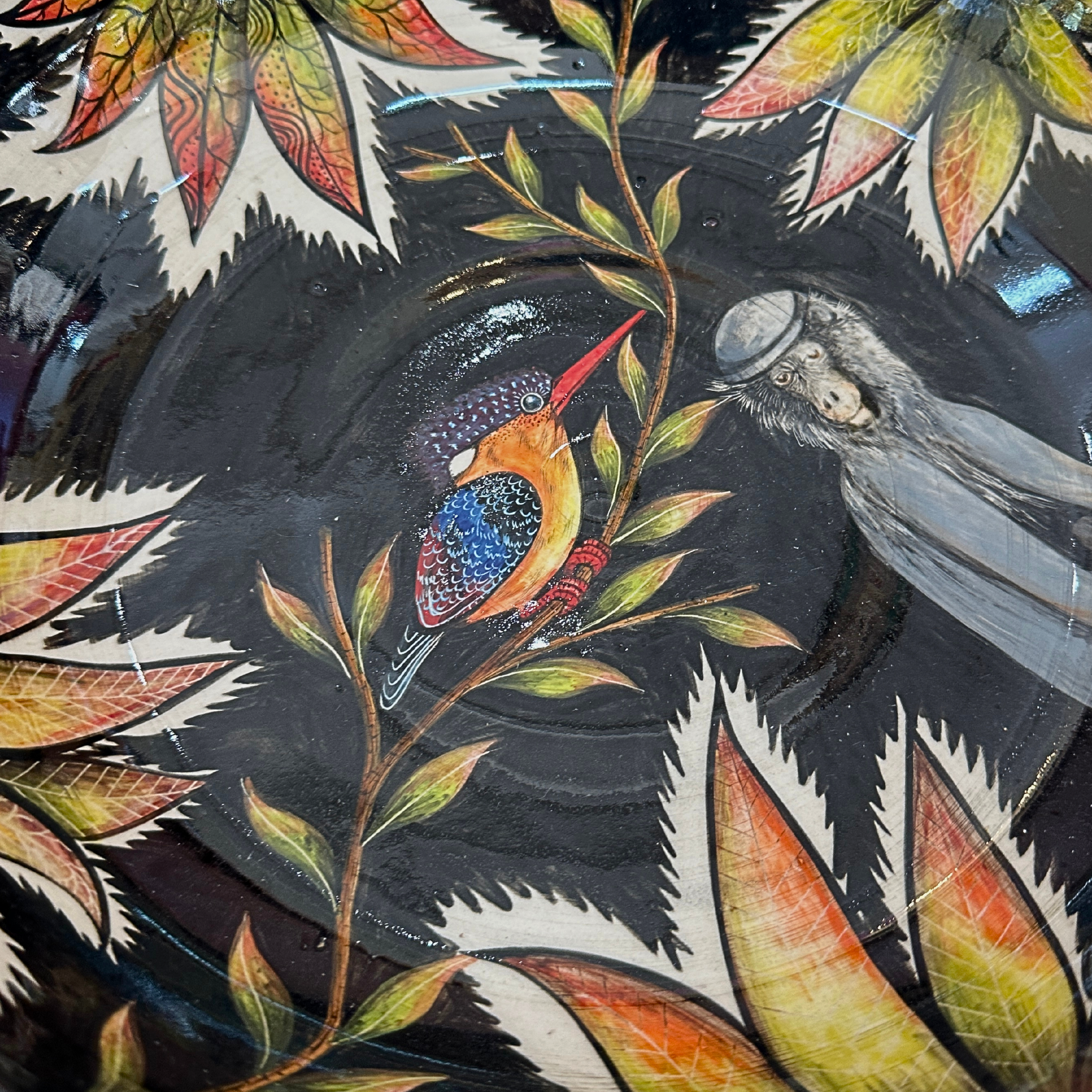 Large Hand Painted Monkey & Bird Ceramic Salad Bowl