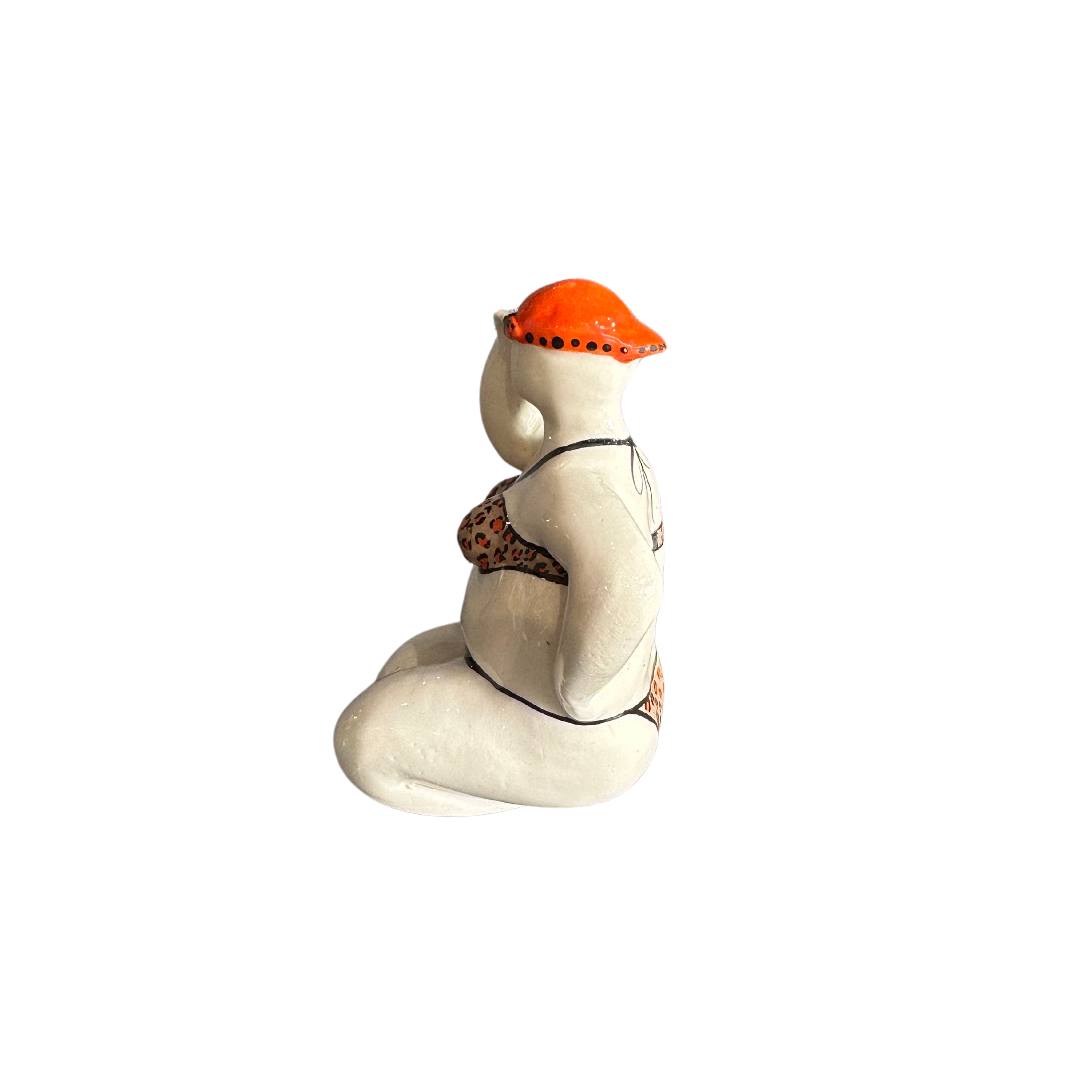 Mini Fat Lady Looking Out With Beige & Orange Polkadot Bikini & Orange Backwards Cap