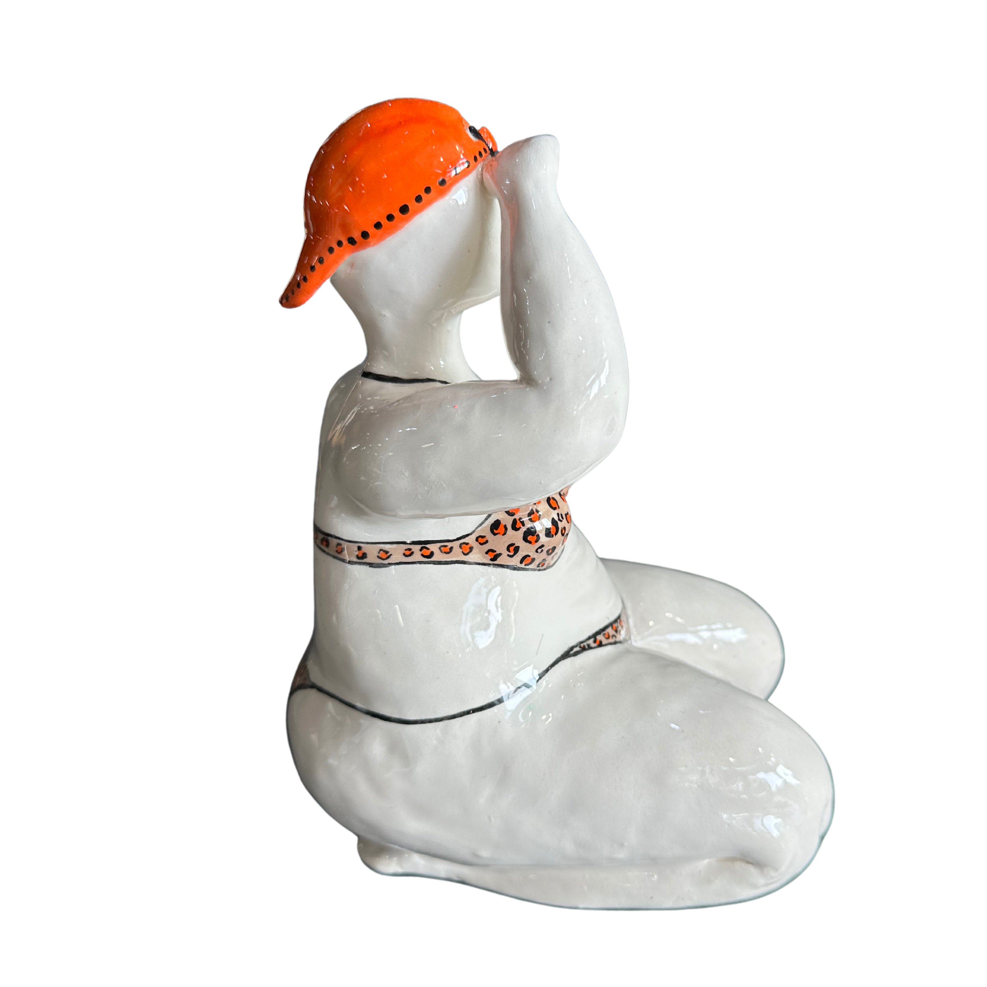 Large Fat Lady Looking Out With Beige & Orange Polkadot Bikini & Orange Backwards Cap