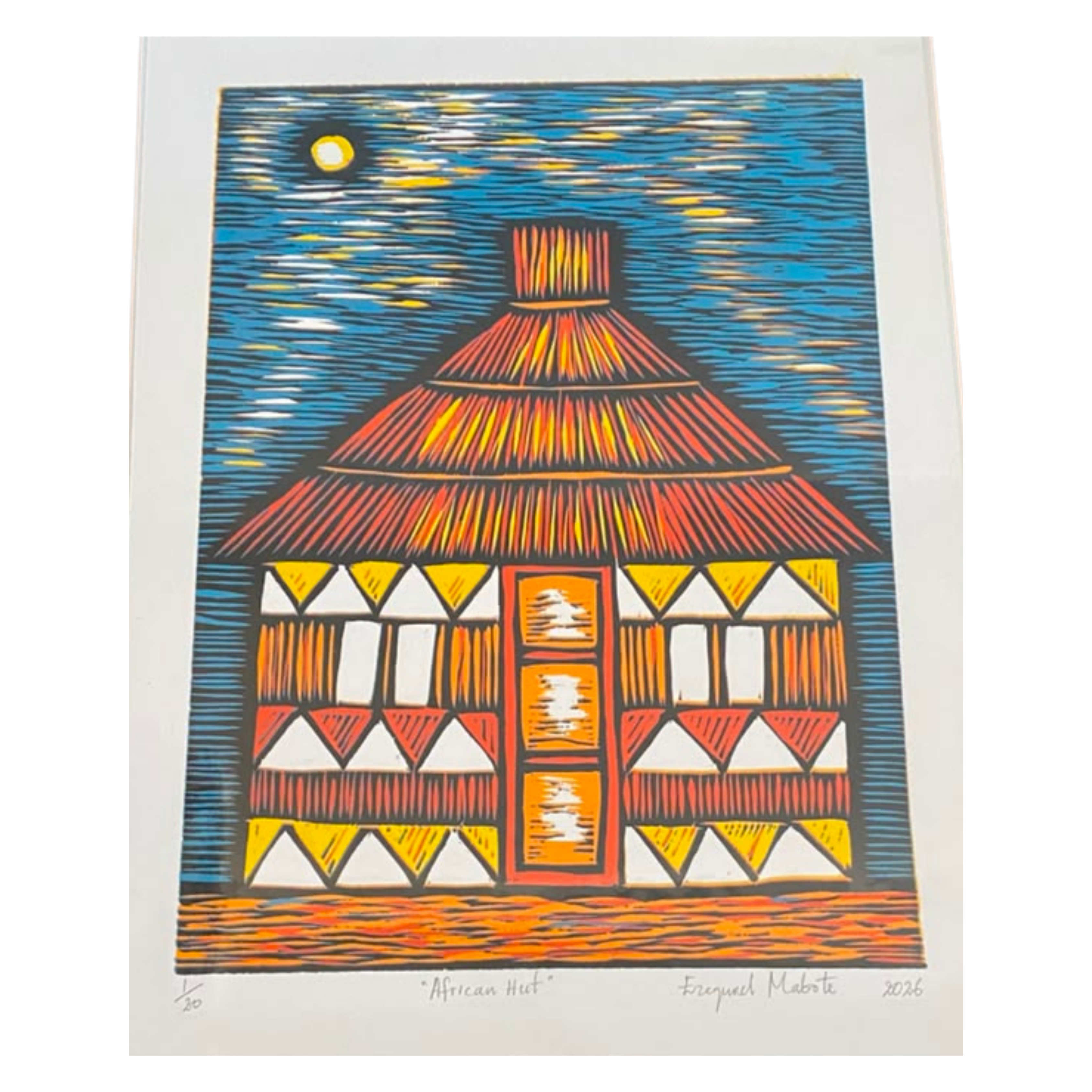 Mabote Art Woodprint Painting - African Hut