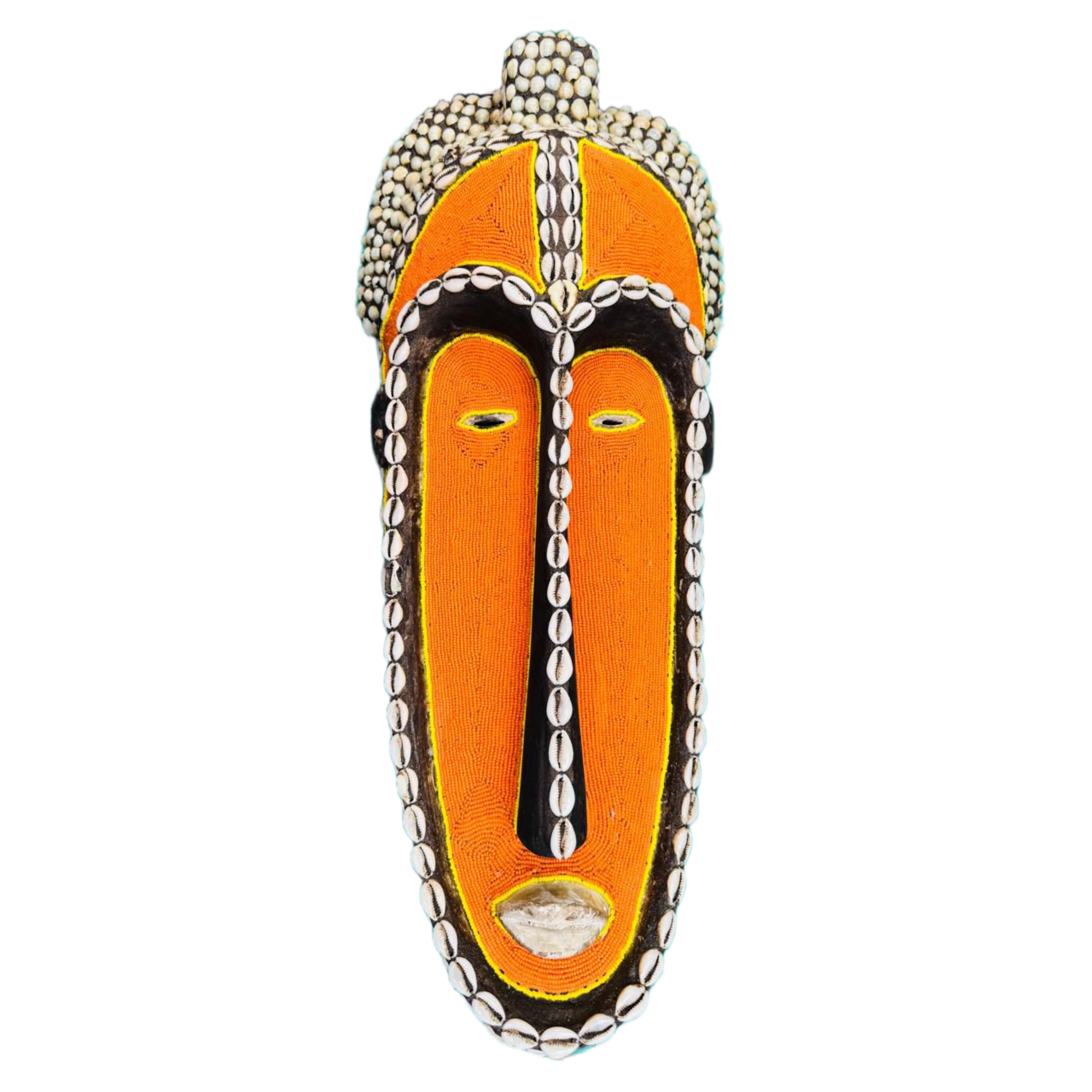 Orange & Yellow Beaded Gabon Fang Ngil Mask With Shells