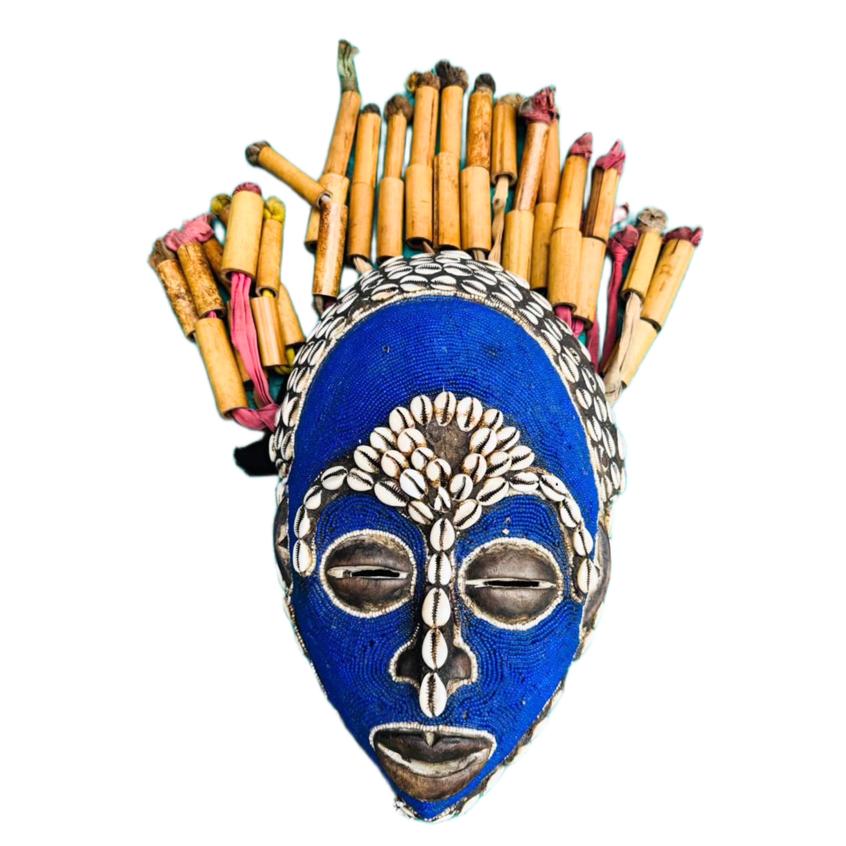 Dark Blue Shell Chokwe Mask With Sugar Cane Hair