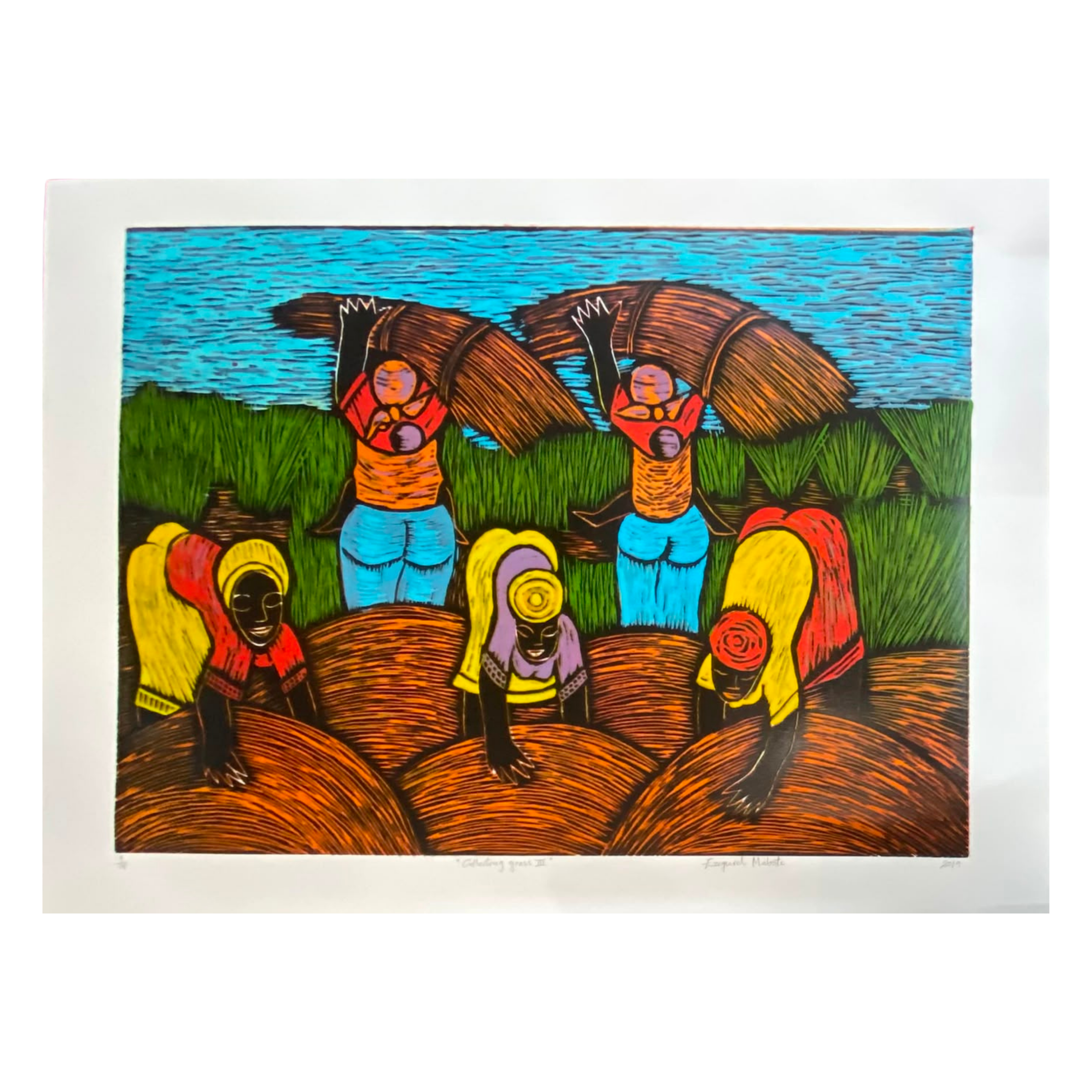 Mabote Art Woodprint Painting - Collecting Grass