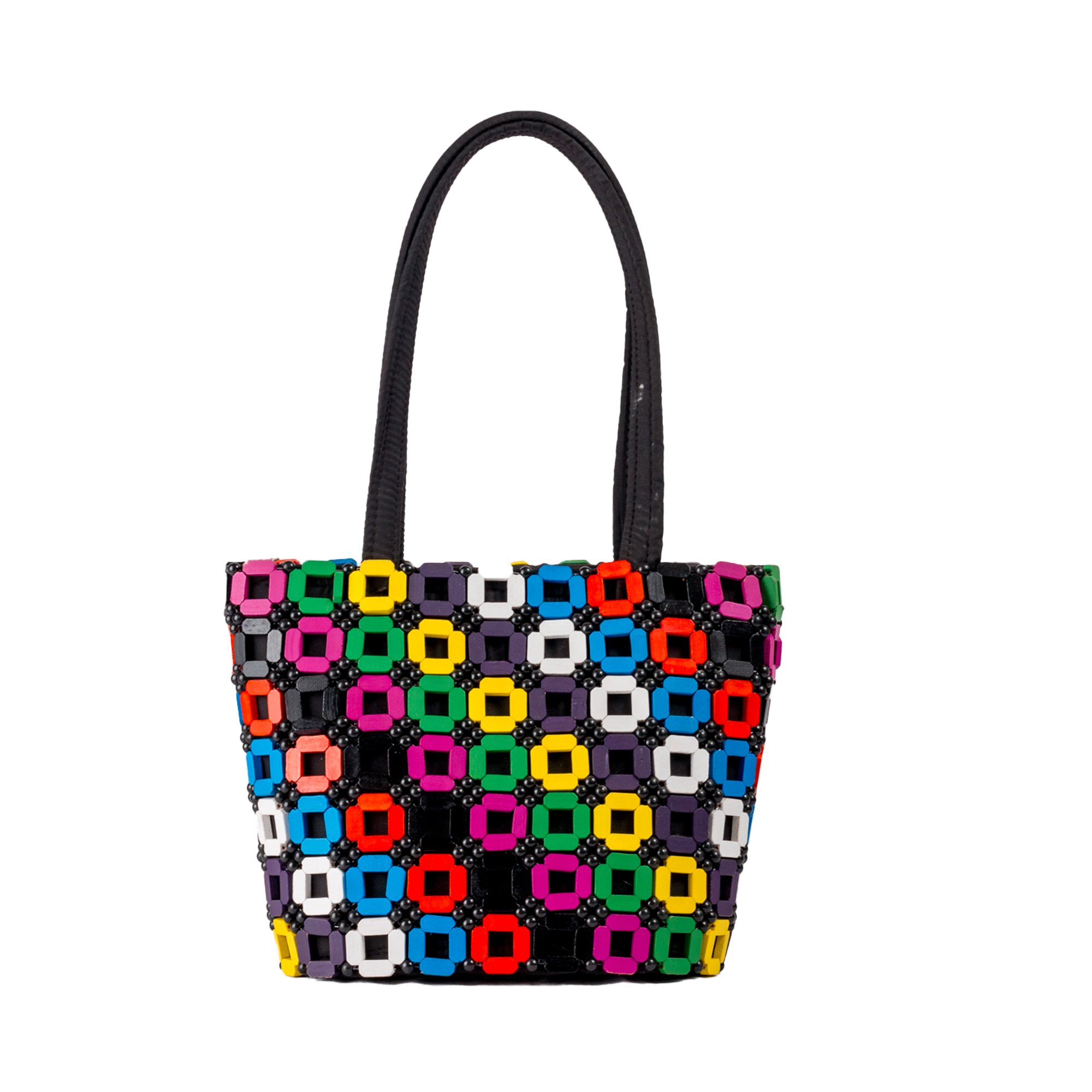 Colorful African luxury handwoven wood & bead bag/purse of high quality, ideal online for all occasions + casual outings (Round-base)