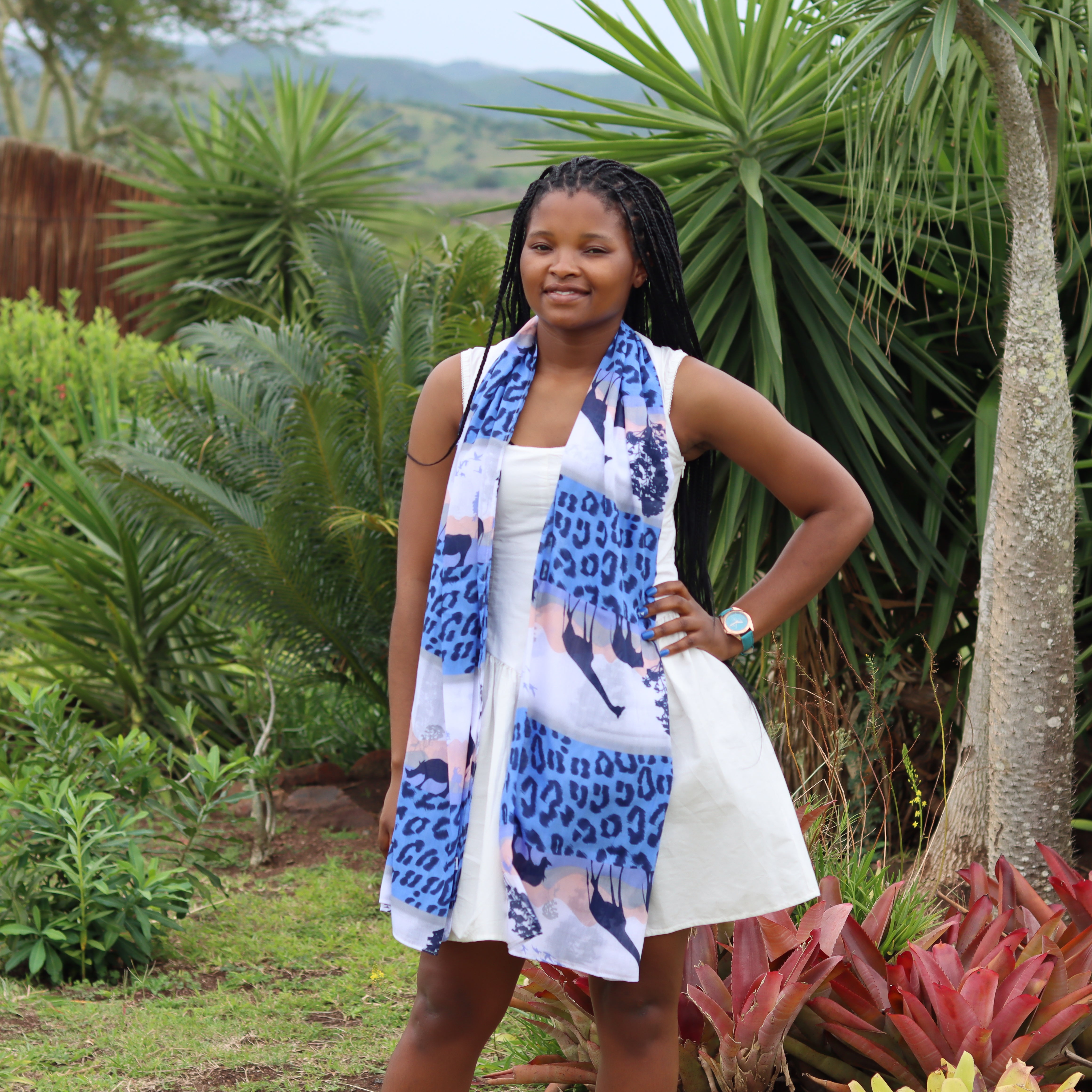 Blue & White Leopard Print Giraffe & Elephant Scarf