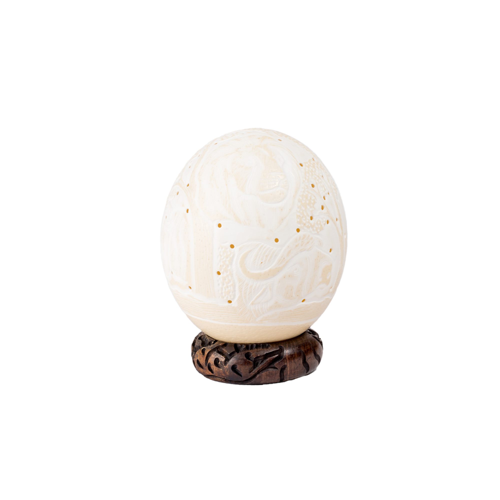 Carved Ostrich Egg on Carved Wooden Stand