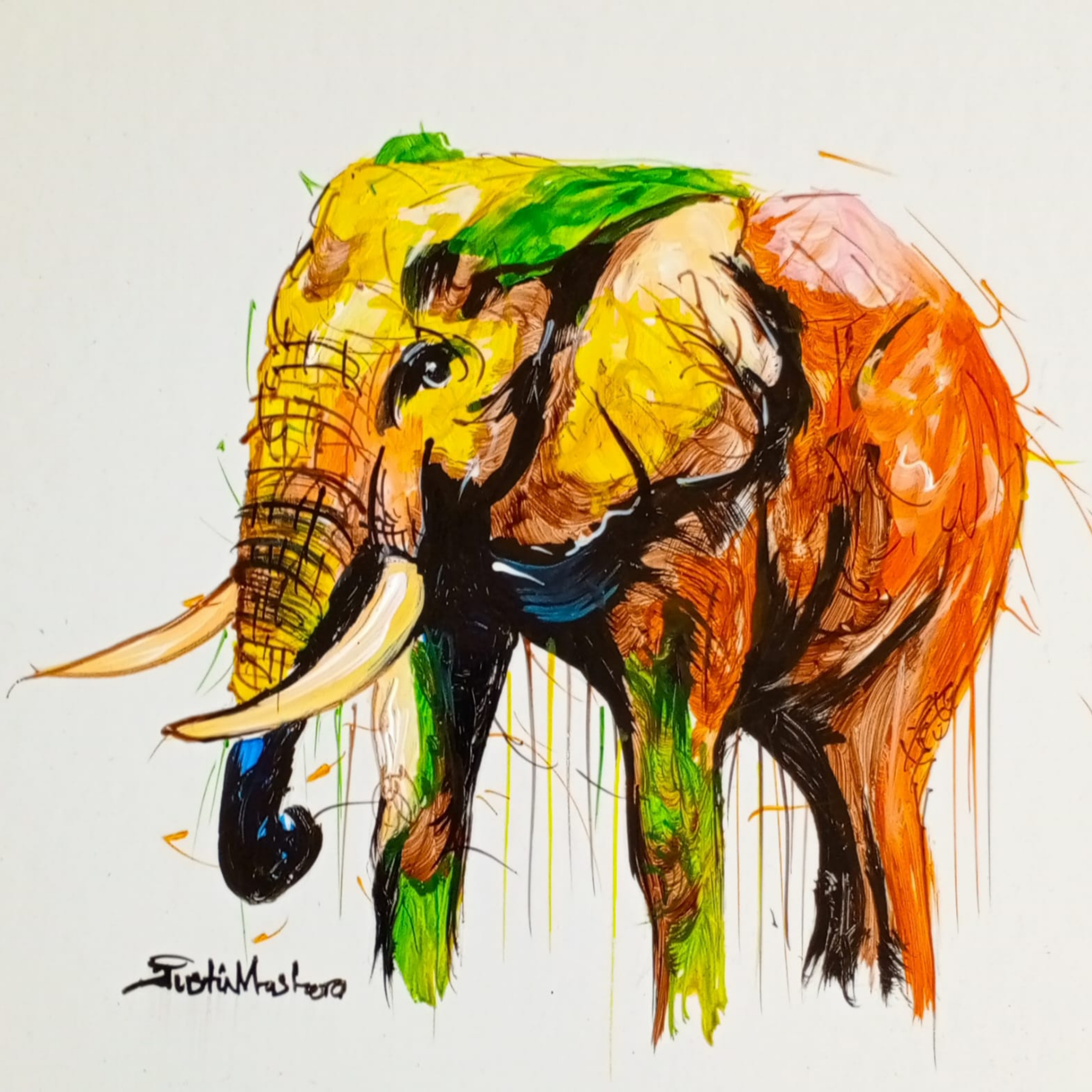 Justin Mashora Masonite Painting - Elephant (25cm x 25cm)