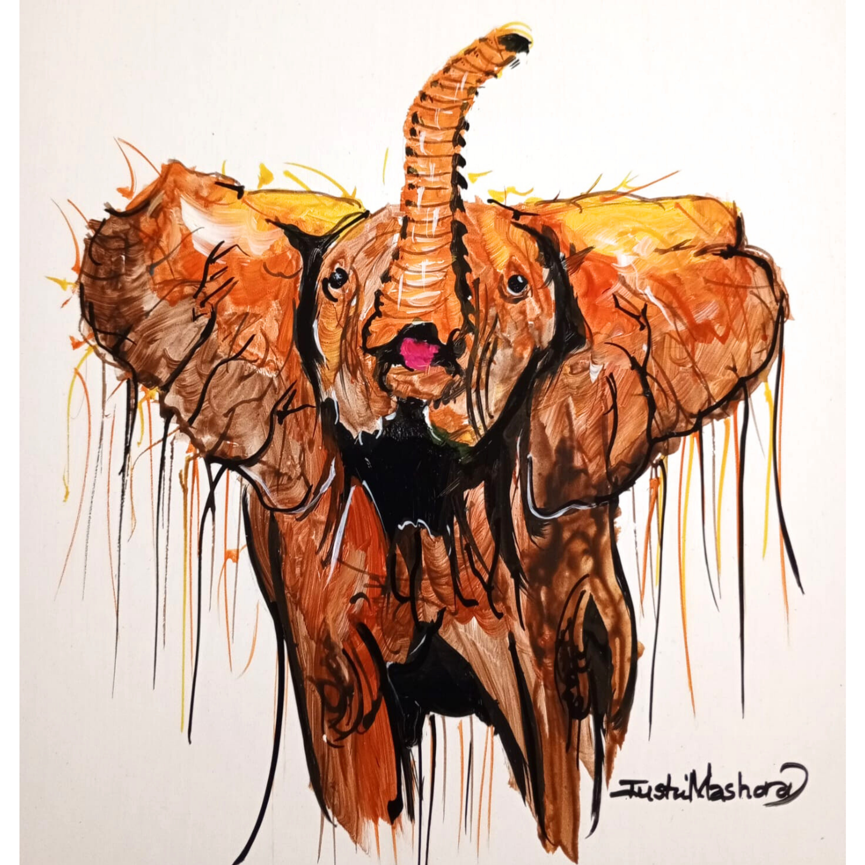 Justin Mashora Masonite Painting - Elephant (25cm x 25cm)