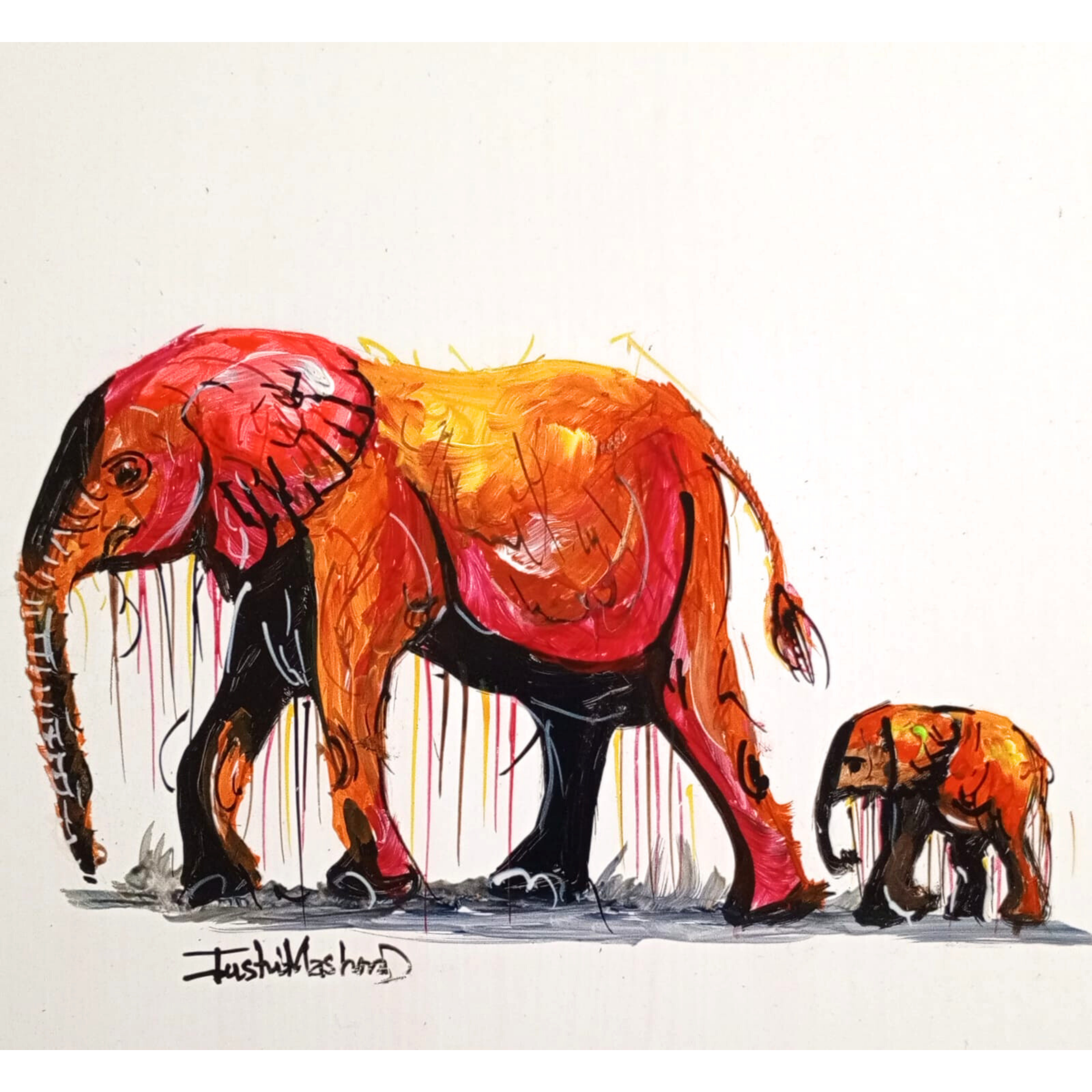 Justin Mashora Masonite Painting - Elephant (25cm x 25cm)