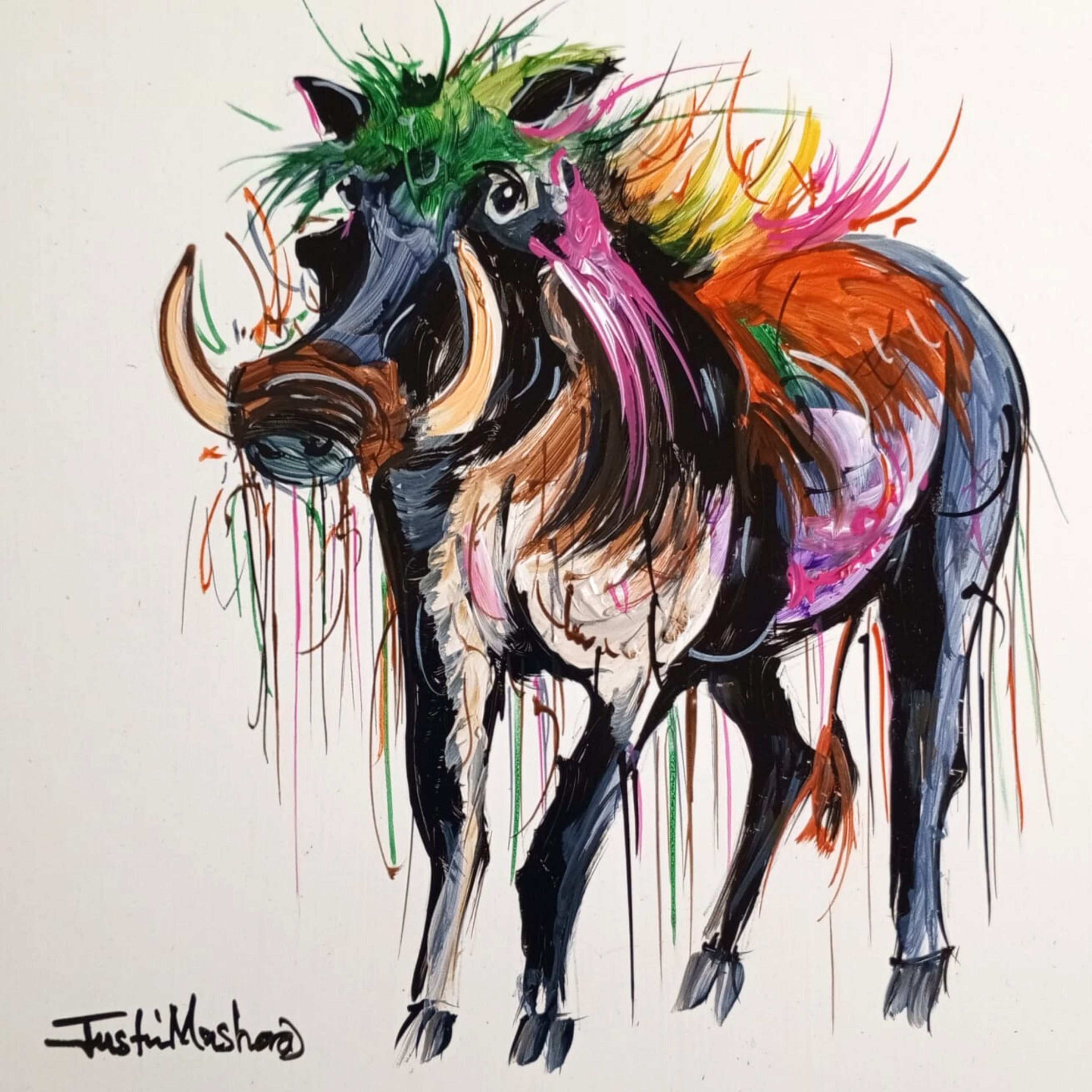 Justin Mashora Masonite Painting - Warthog (25cm x 25cm)