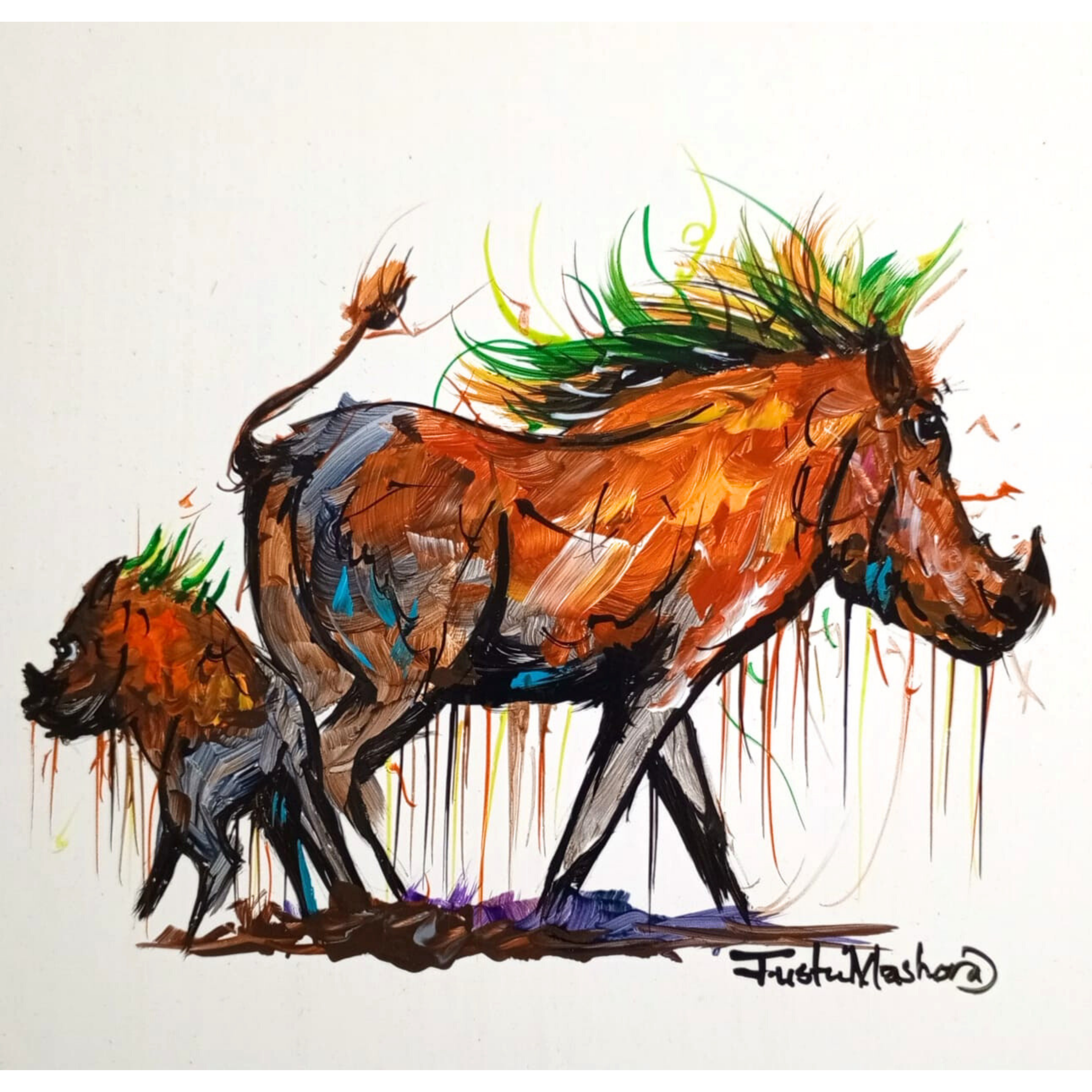 Justin Mashora Masonite Painting - Warthog (25cm x 25cm)
