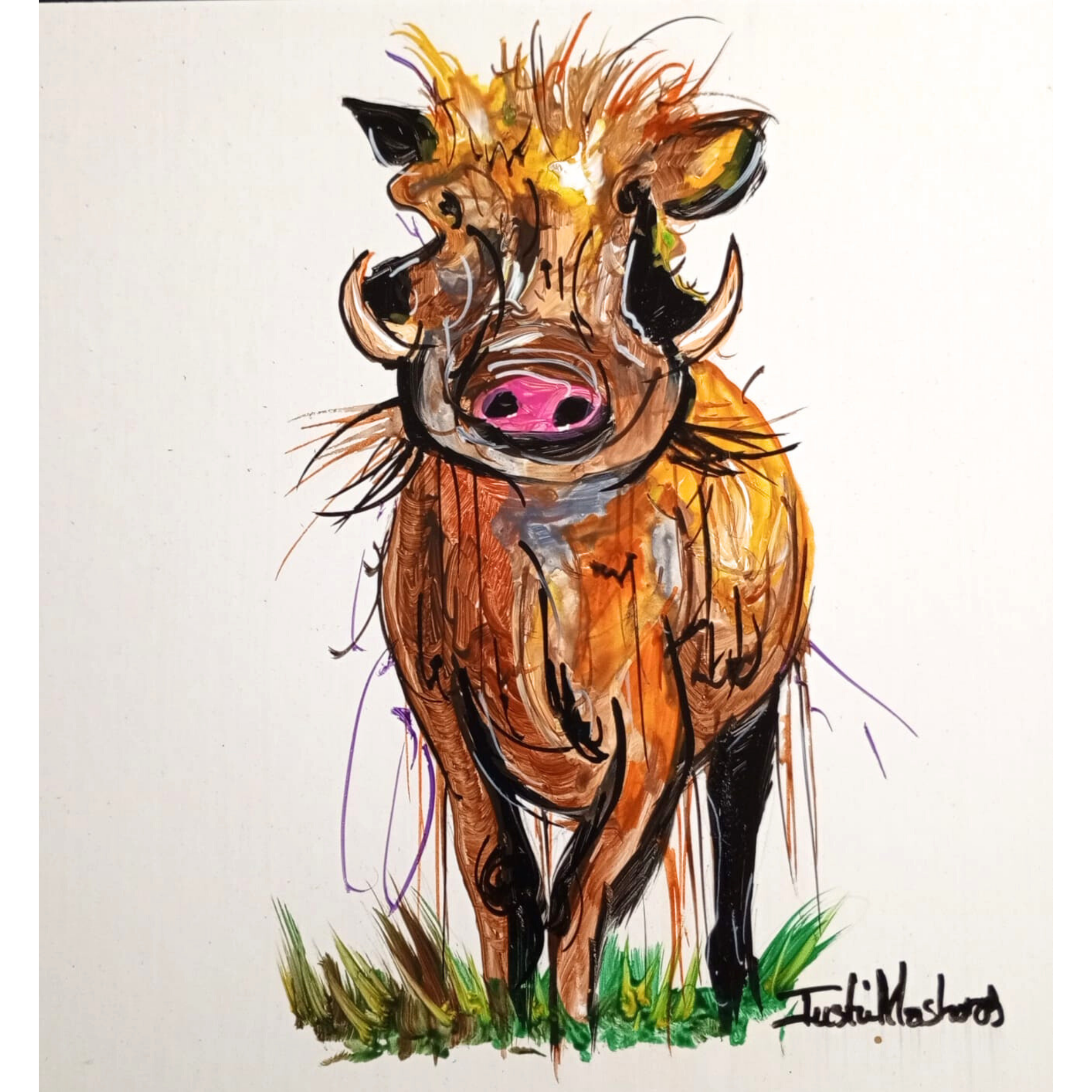 Justin Mashora Masonite Painting - Warthog (25cm x 25cm)