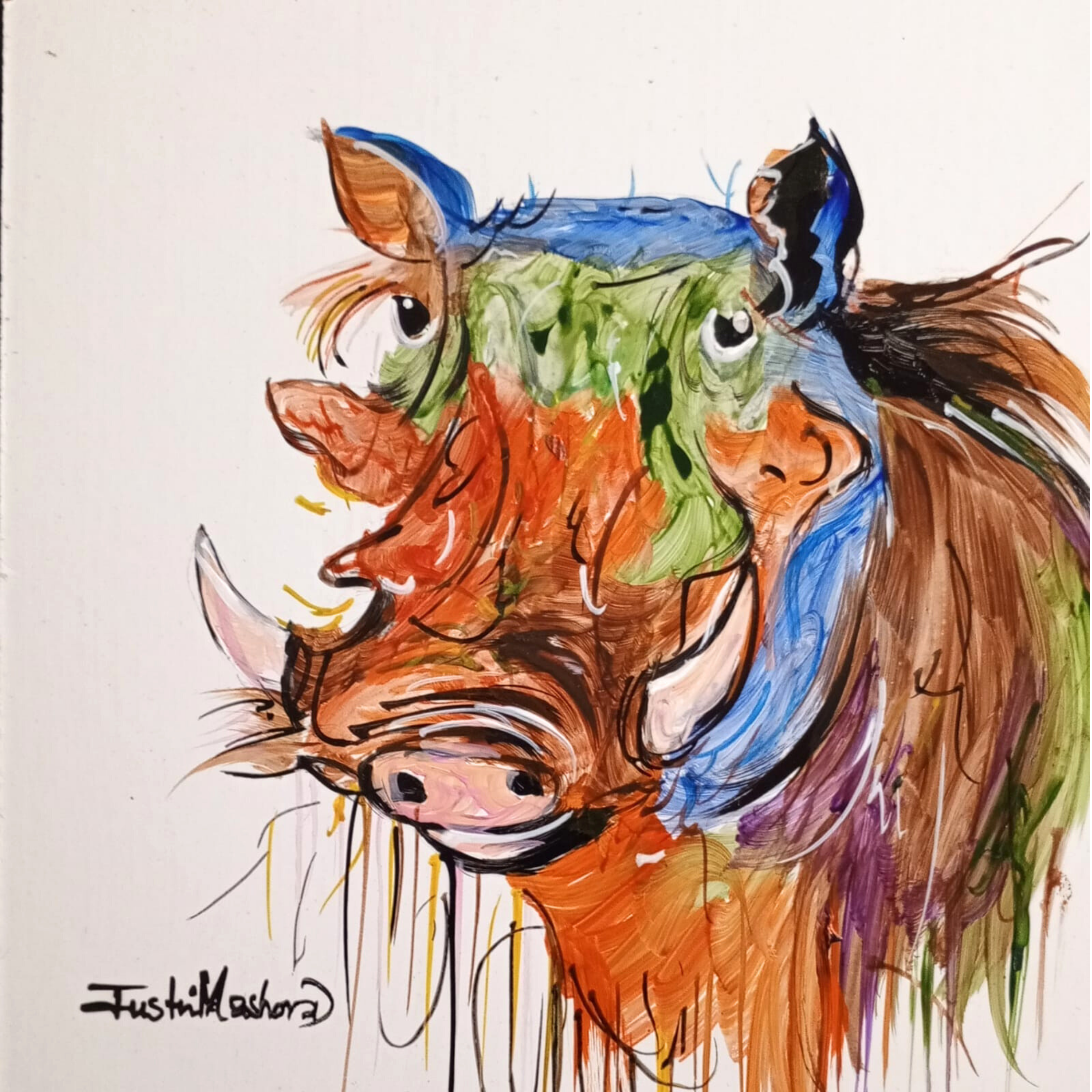 Justin Mashora Masonite Painting - Warthog (25cm x 25cm)