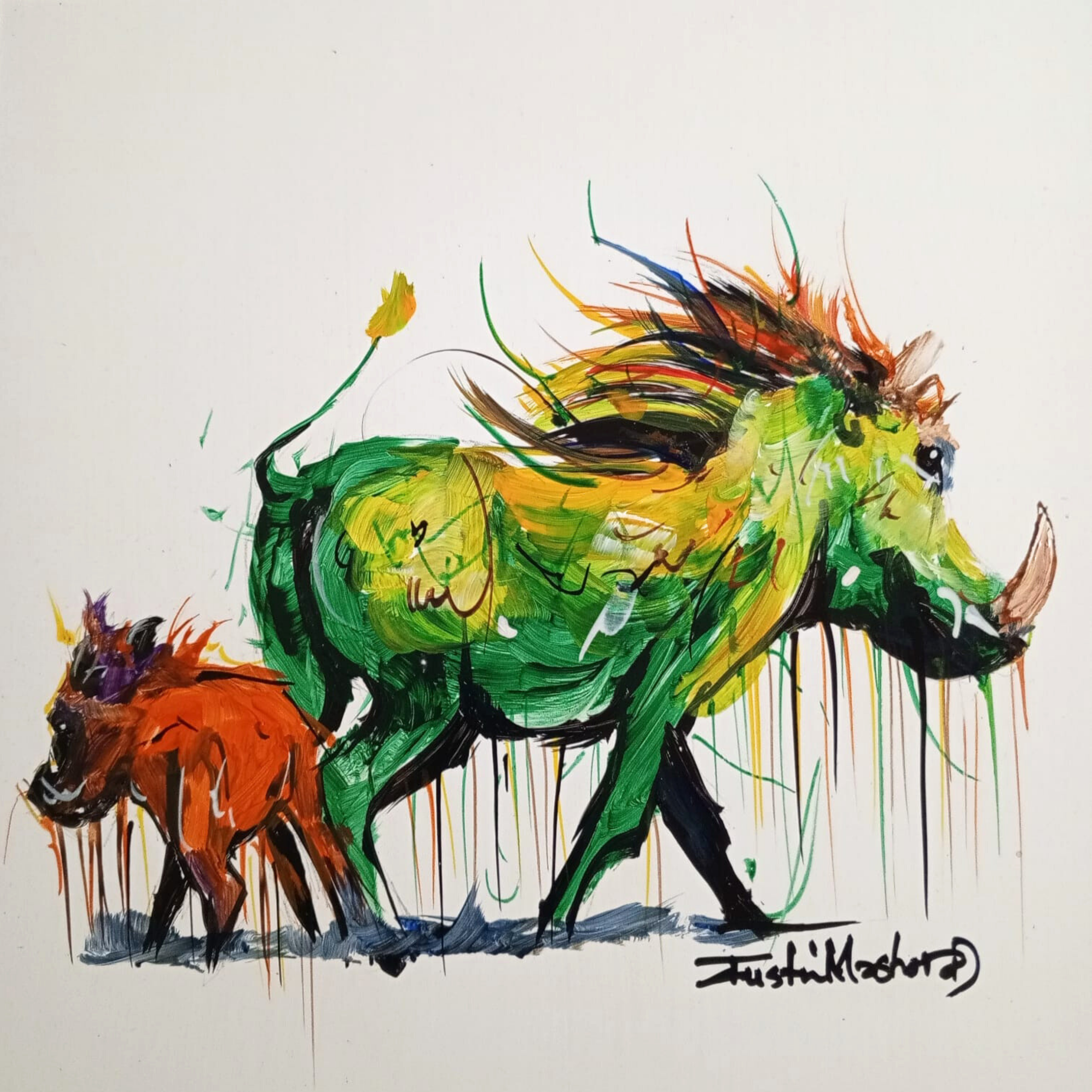 Justin Mashora Masonite Painting - Warthog (25cm x 25cm)