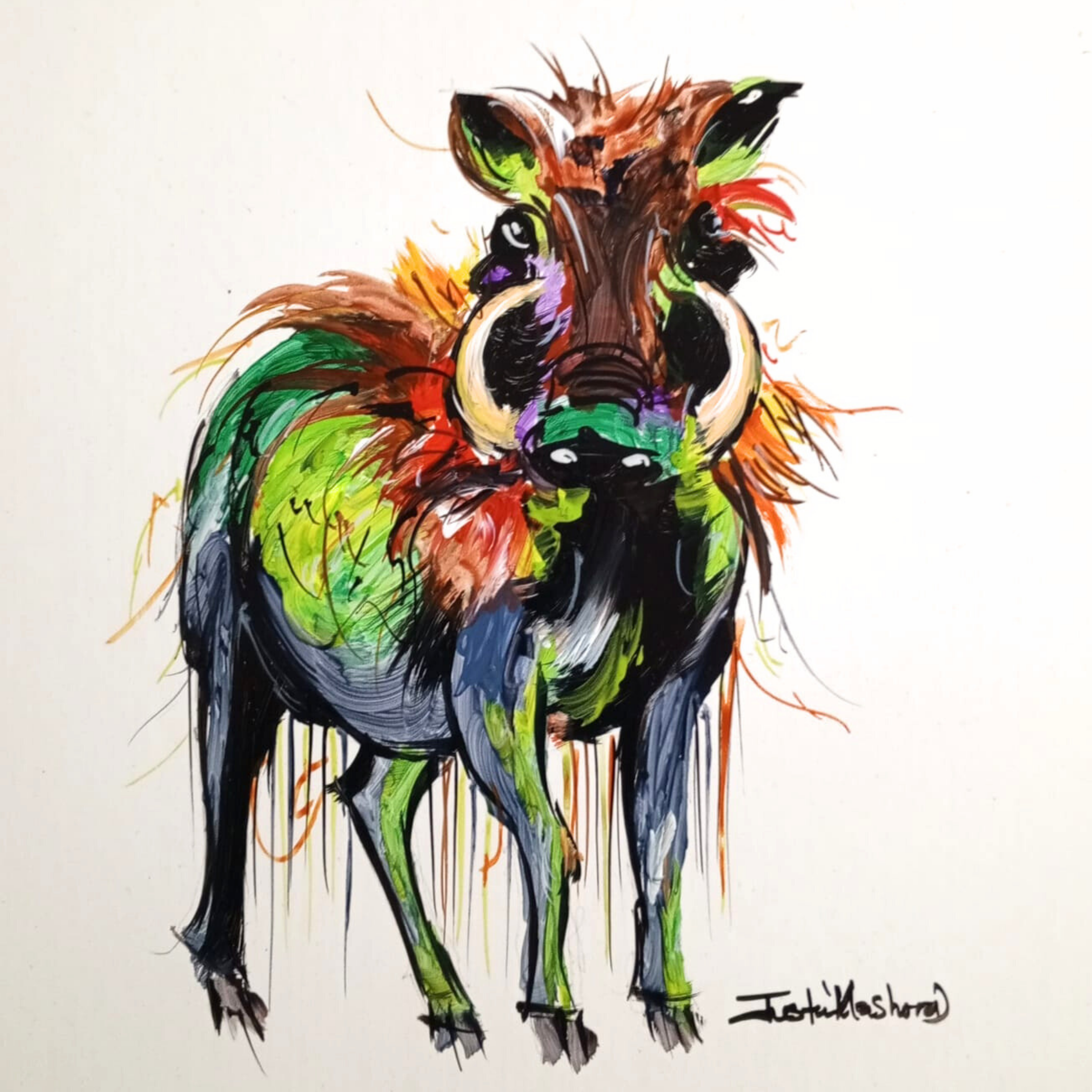 Justin Mashora Masonite Painting - Warthog (25cm x 25cm)
