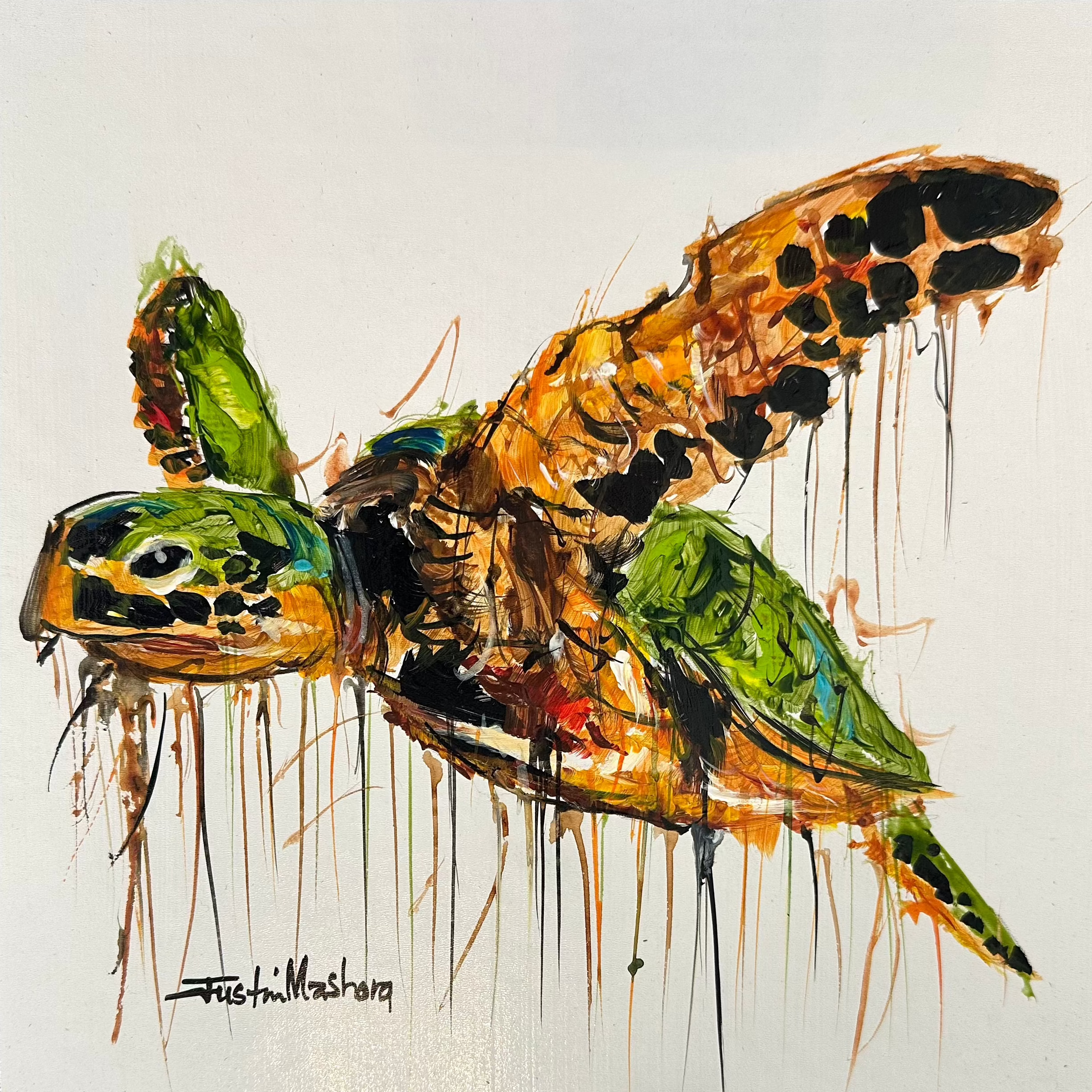 Justin Mashora Masonite Painting - Sea Turtle (25cm x 25cm)