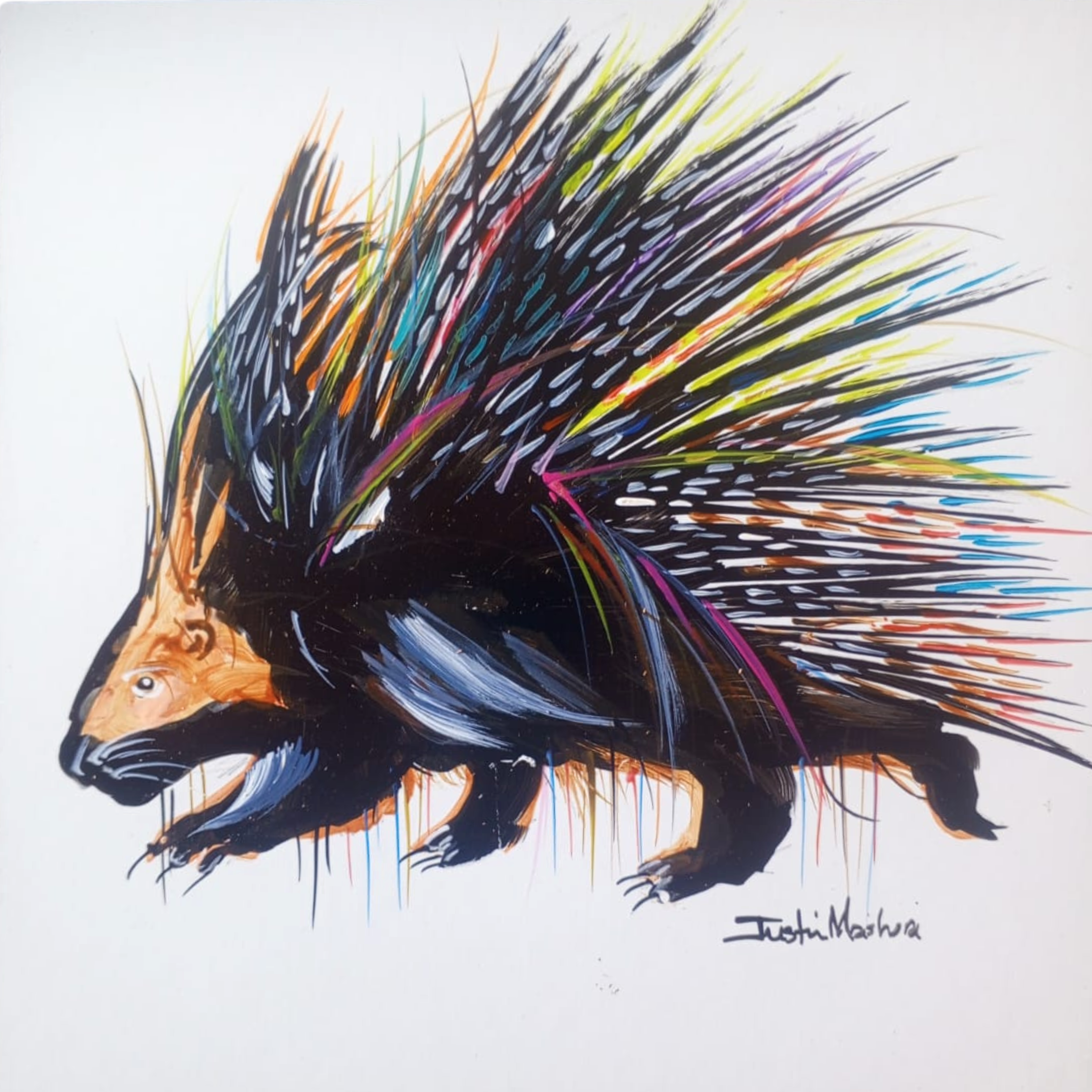 Justin Mashora Masonite Painting - Porcupine (25cm x 25cm)