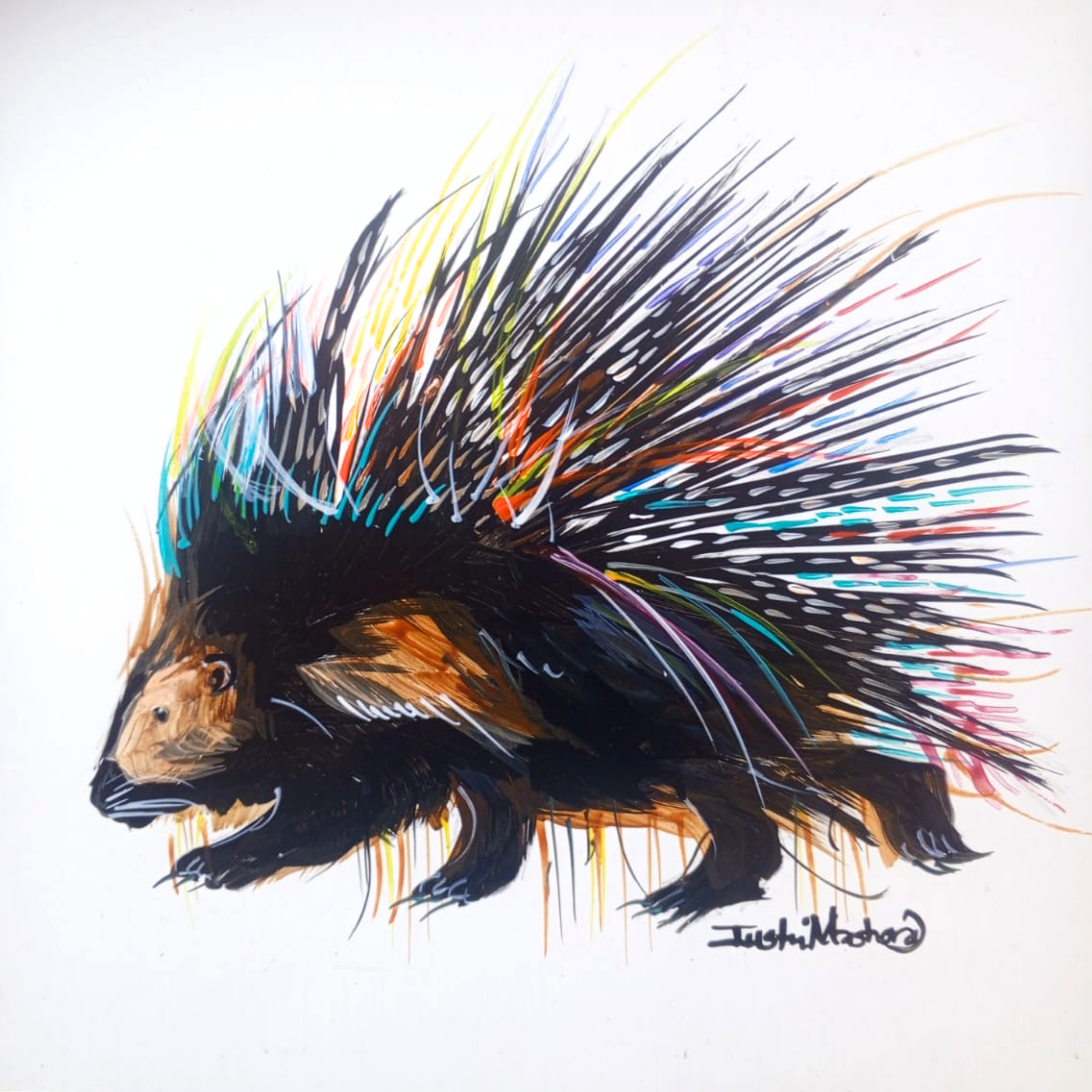 Justin Mashora Masonite Painting - Porcupine (25cm x 25cm)