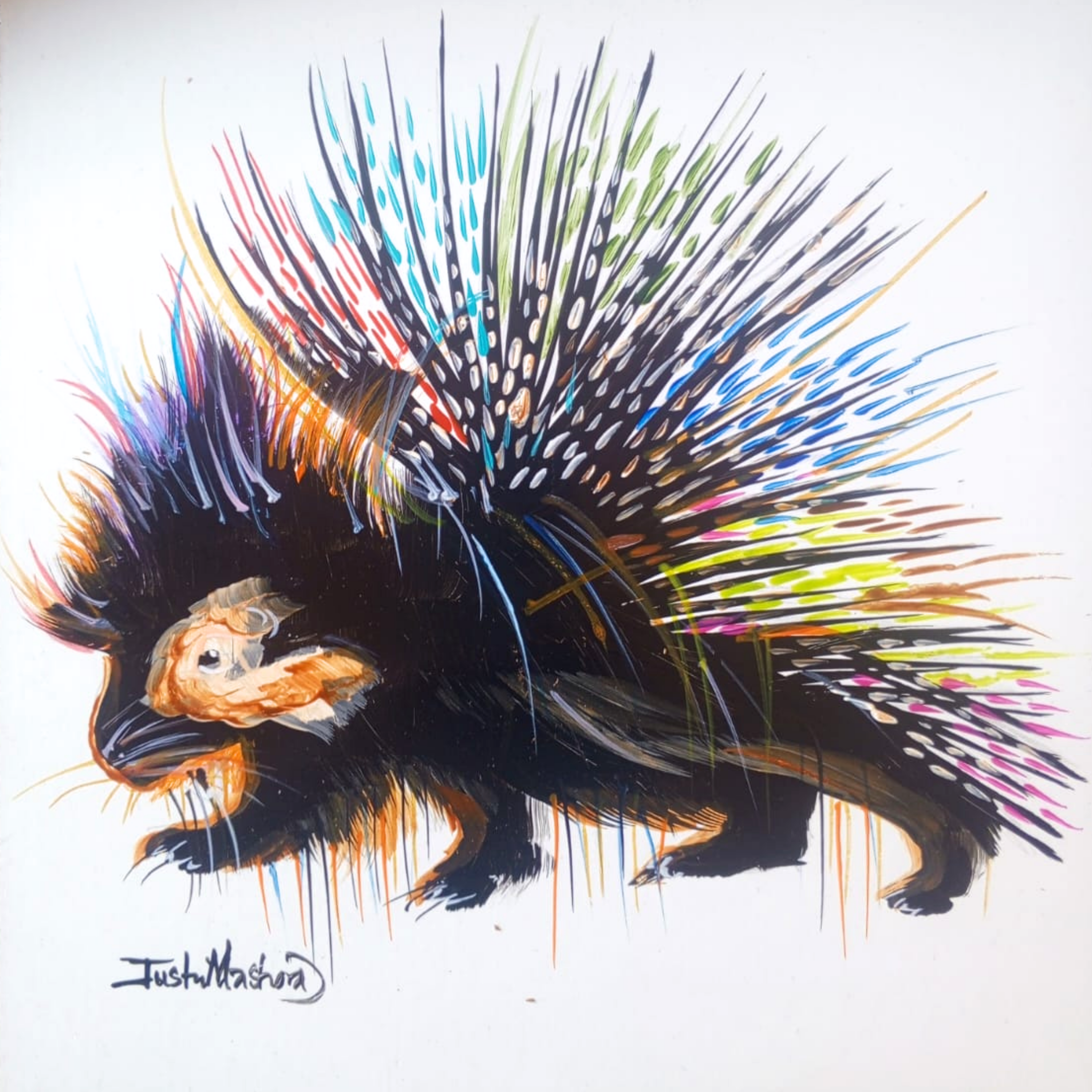 Justin Mashora Masonite Painting - Porcupine (25cm x 25cm)