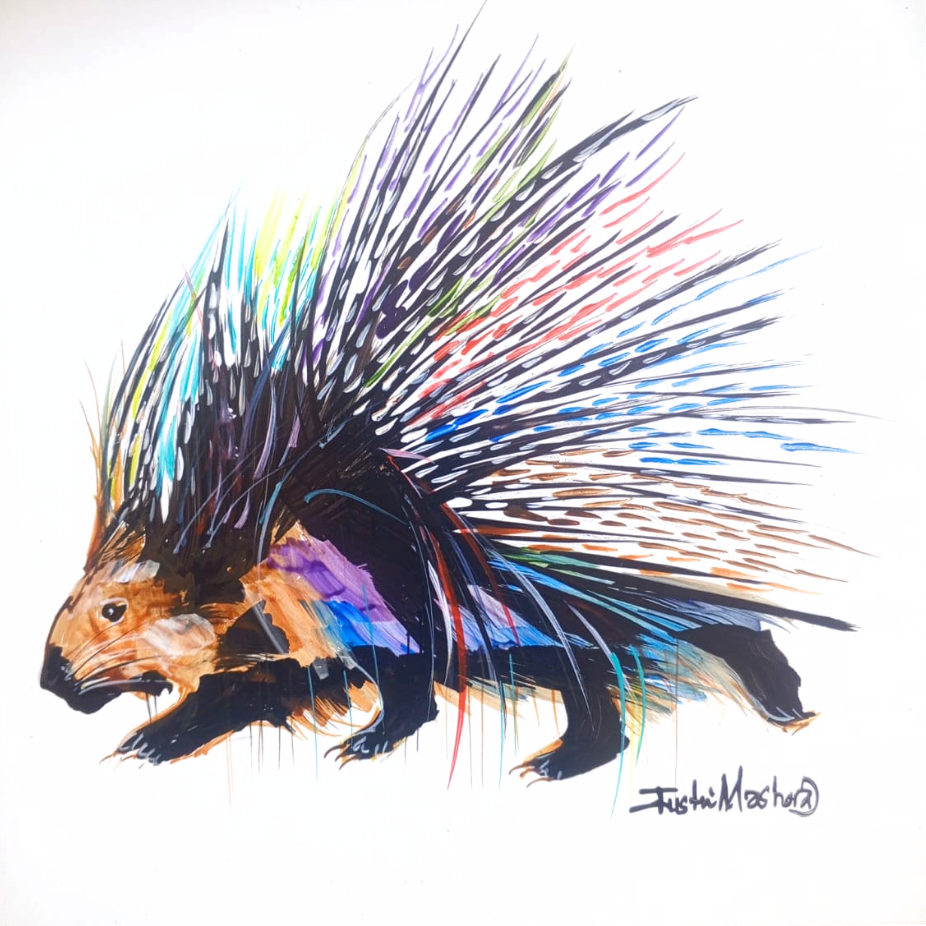 Justin Mashora Masonite Painting - Porcupine (25cm x 25cm)