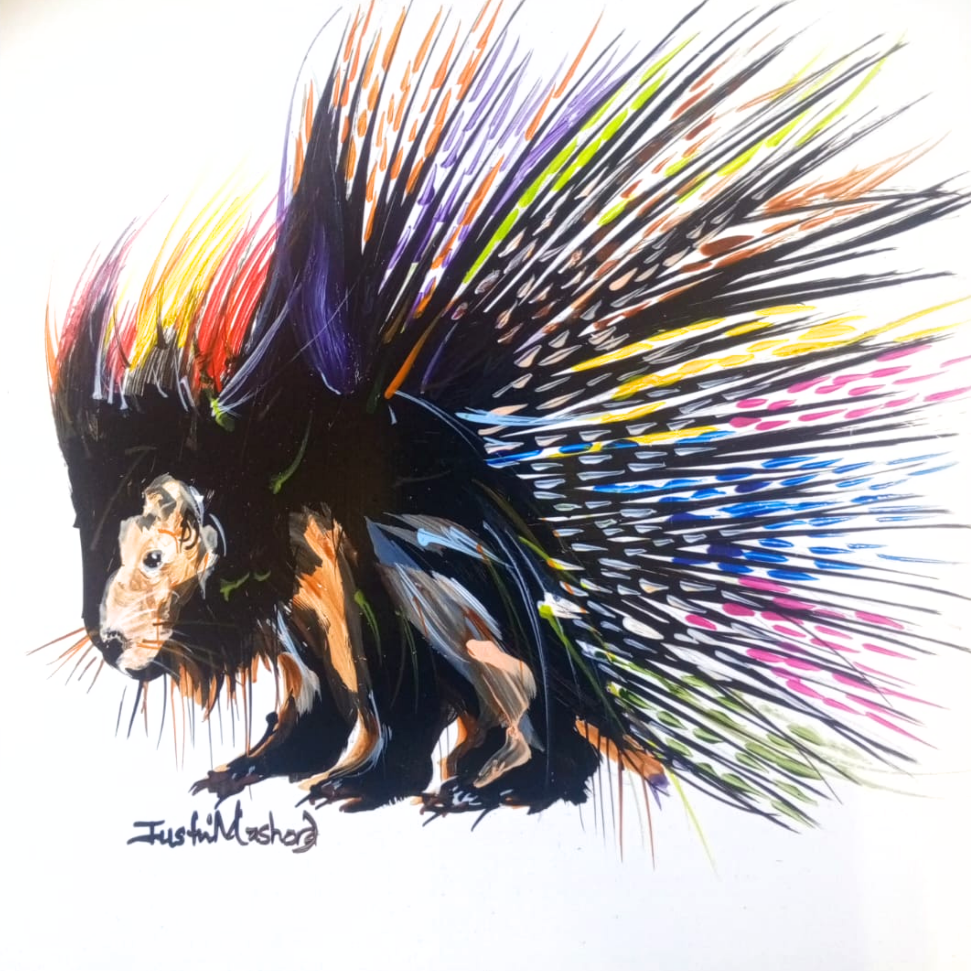 Justin Mashora Masonite Painting - Porcupine (25cm x 25cm)