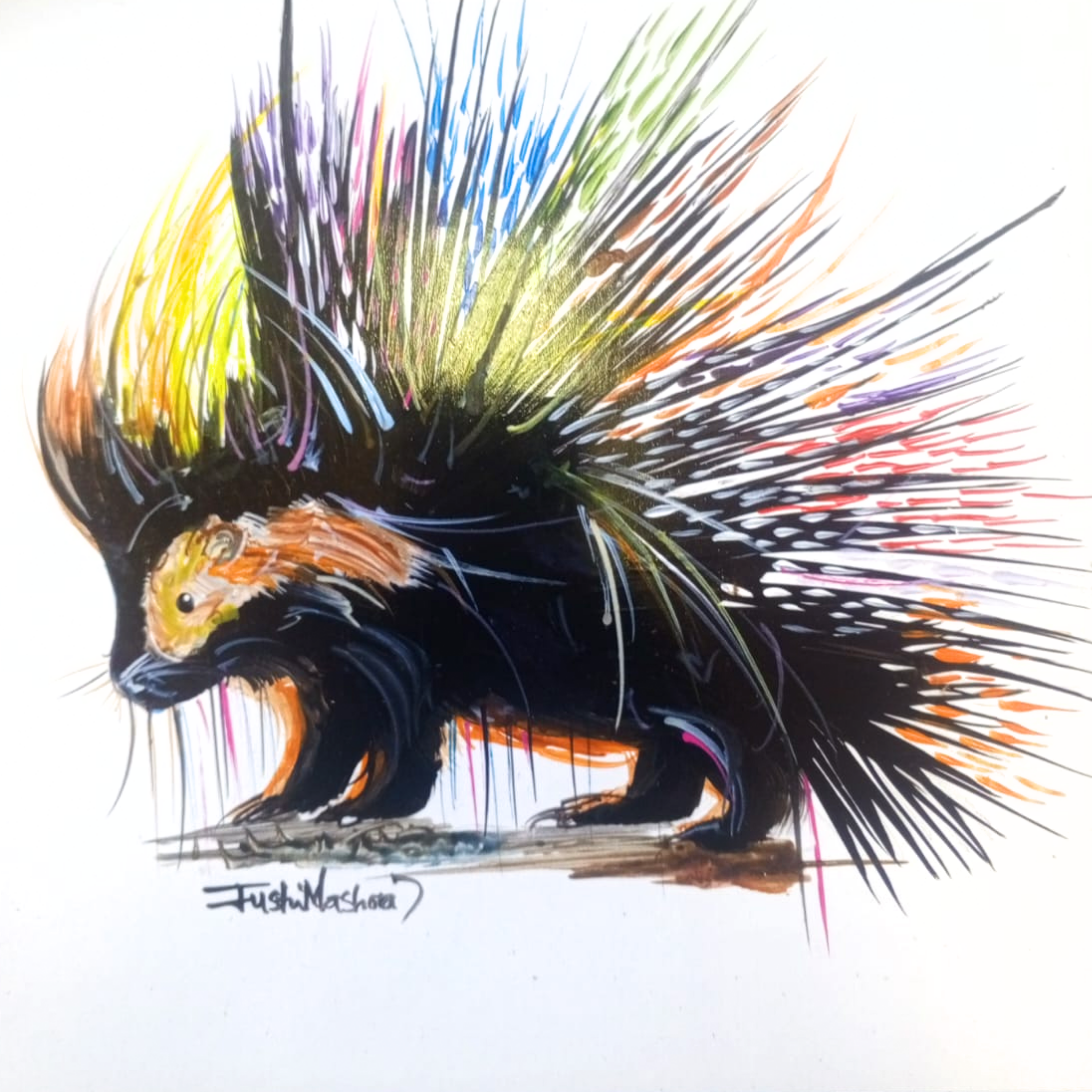 Justin Mashora Masonite Painting - Porcupine (25cm x 25cm)