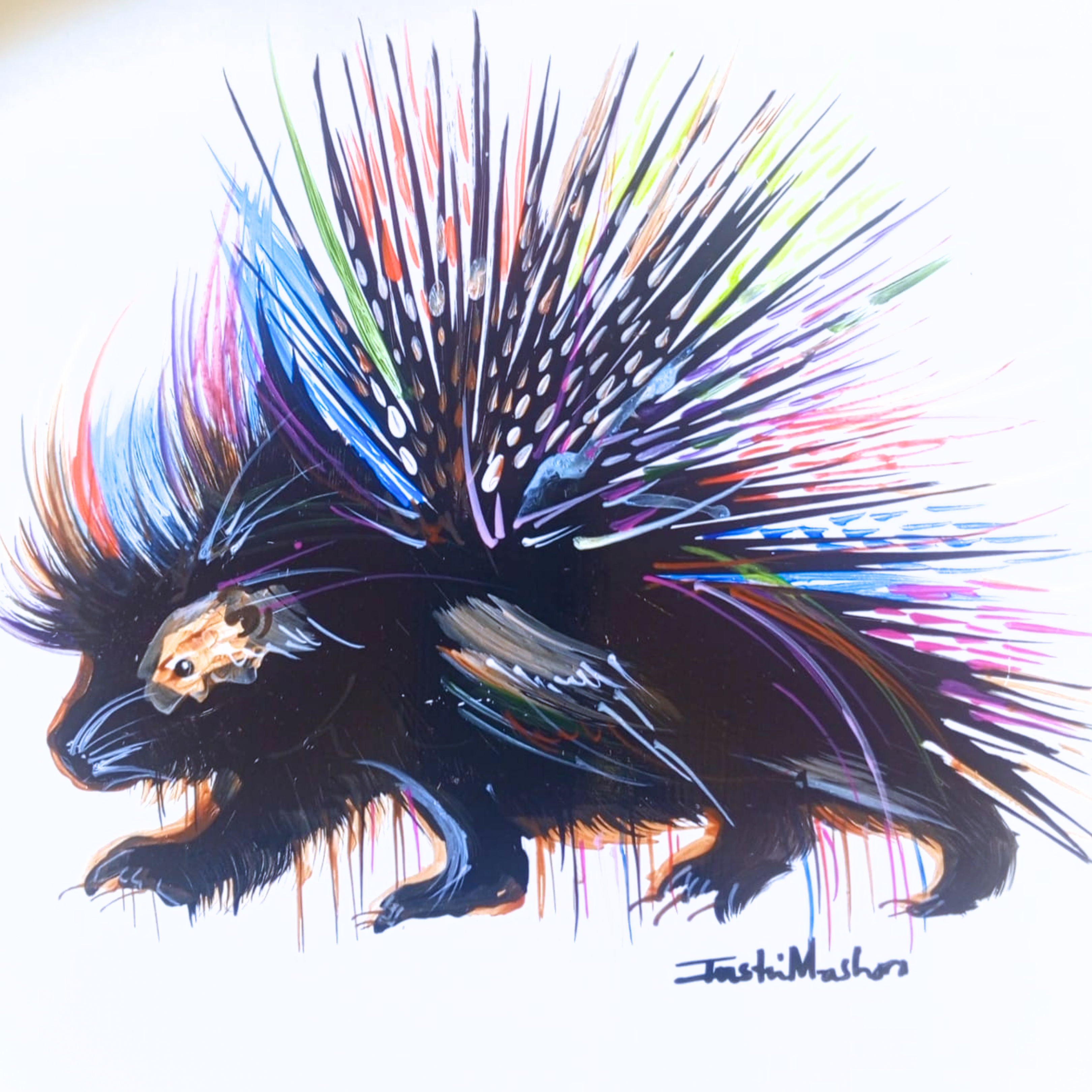 Justin Mashora Masonite Painting - Porcupine (25cm x 25cm)