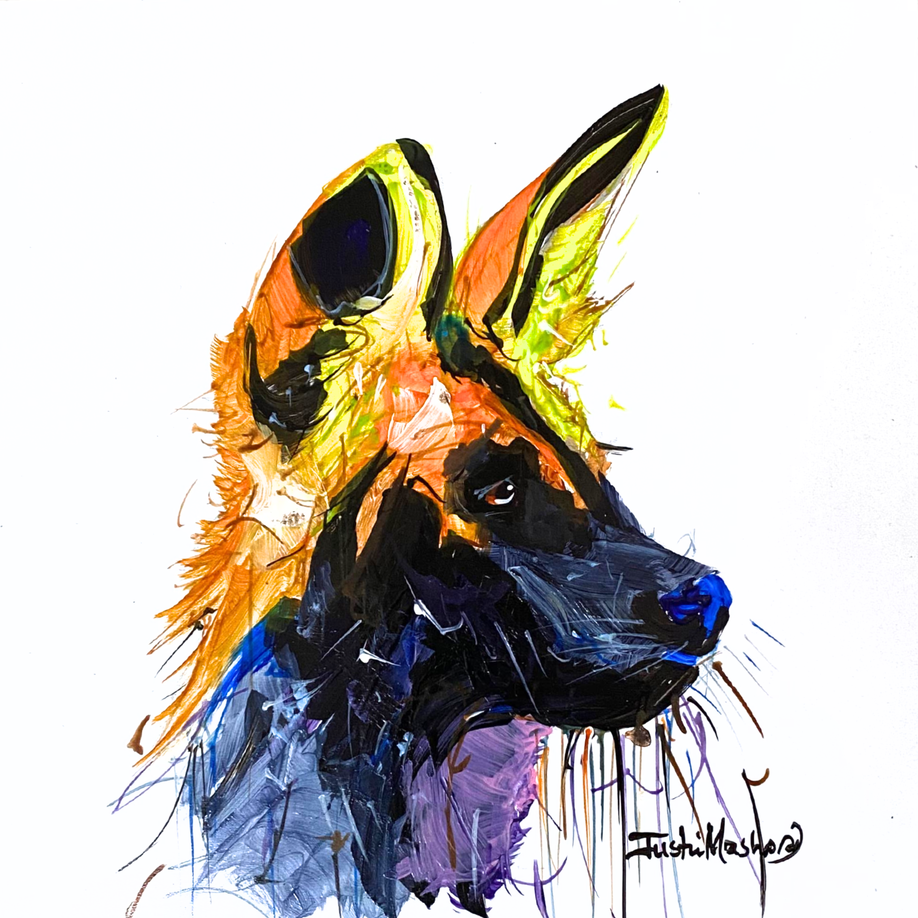 Justin Mashora Masonite Painting - Wild Dog (25cm x 25cm)