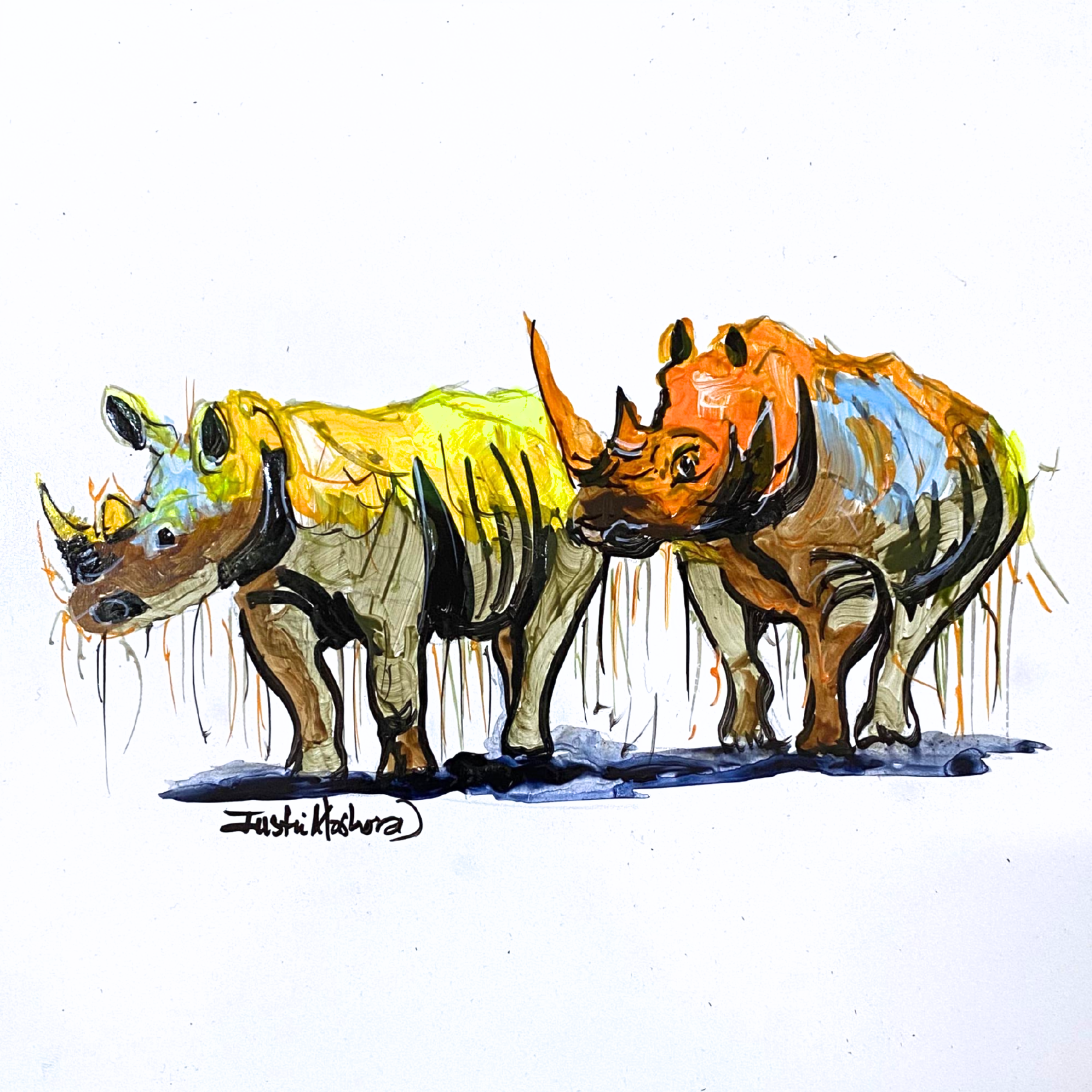 Justin Mashora Masonite Painting - Rhino (25cm x 25cm)