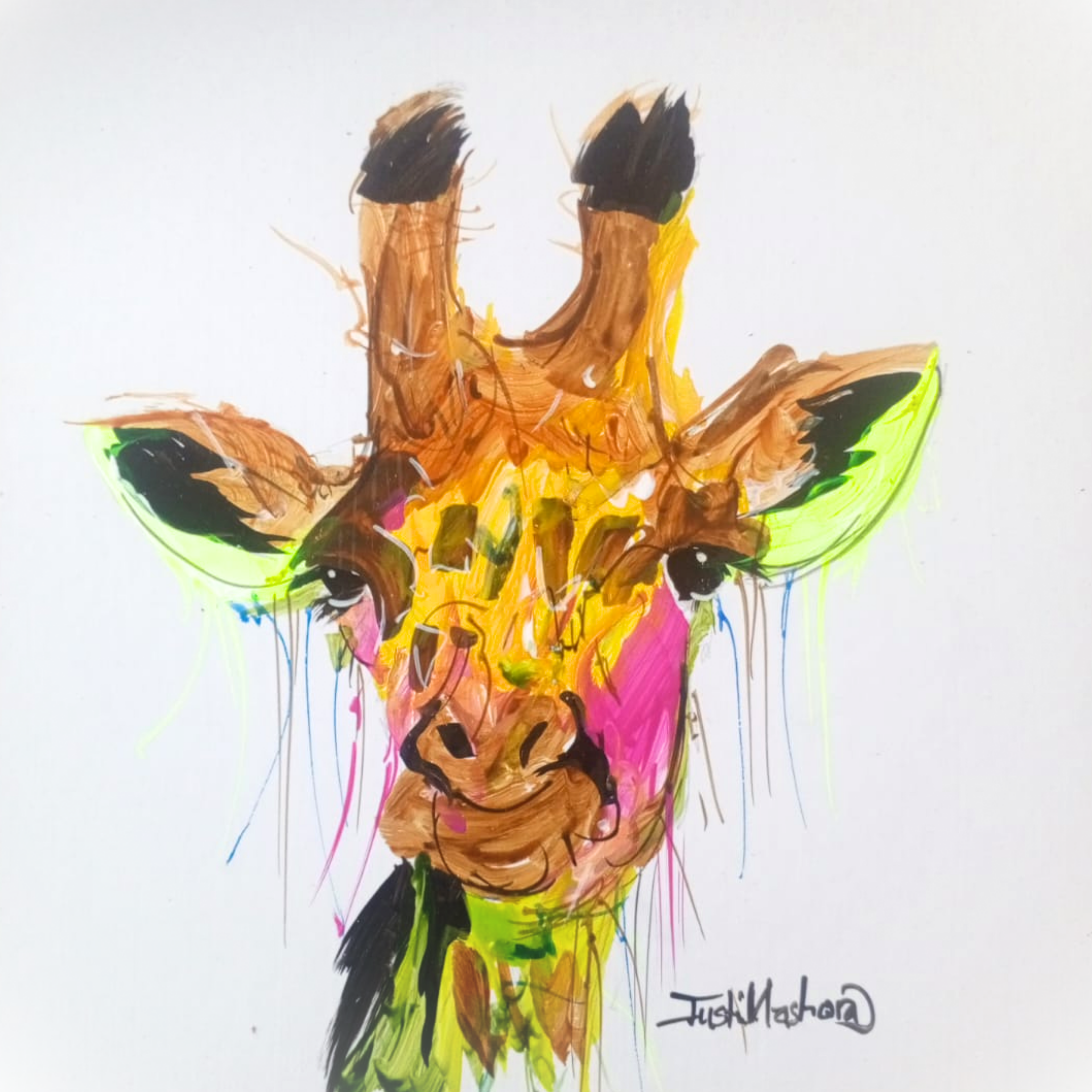 Justin Mashora Masonite Painting - Giraffe (25cm x 25cm)